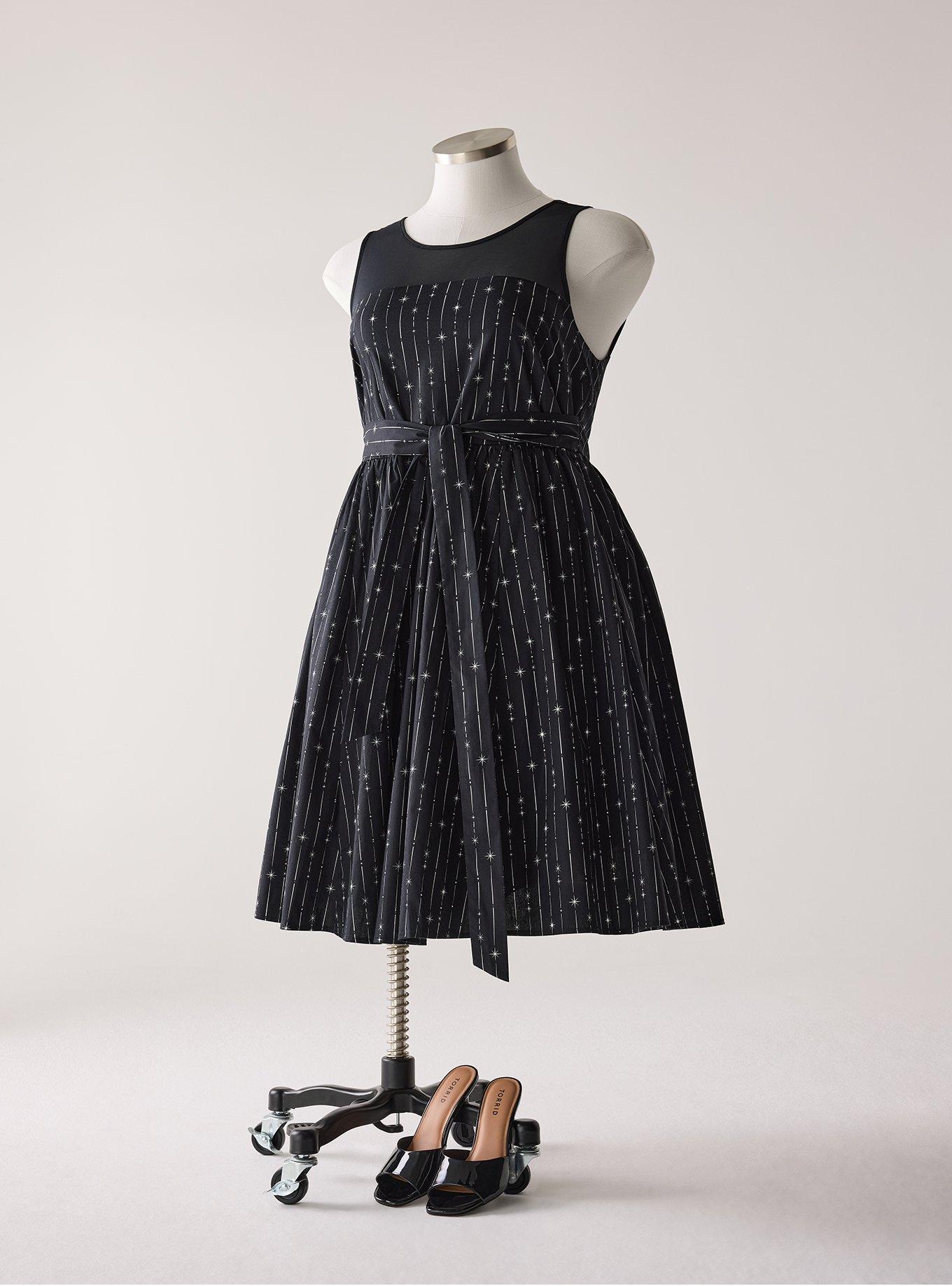 Retro Chic Belted Illusion Dress, DAZZLE STRIPE BLACK, flat