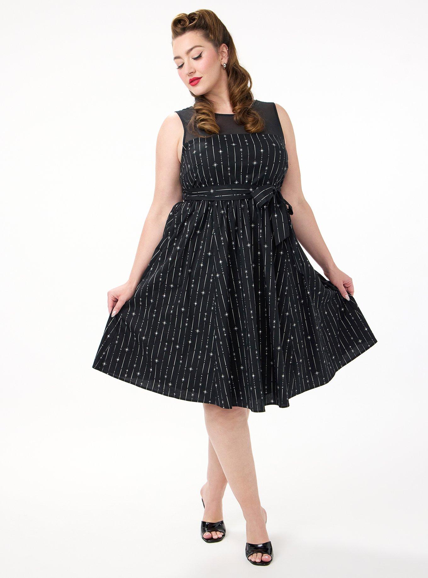 Plus Size Retro Chic Belted Illusion Dress, DAZZLE STRIPE BLACK, hi-res