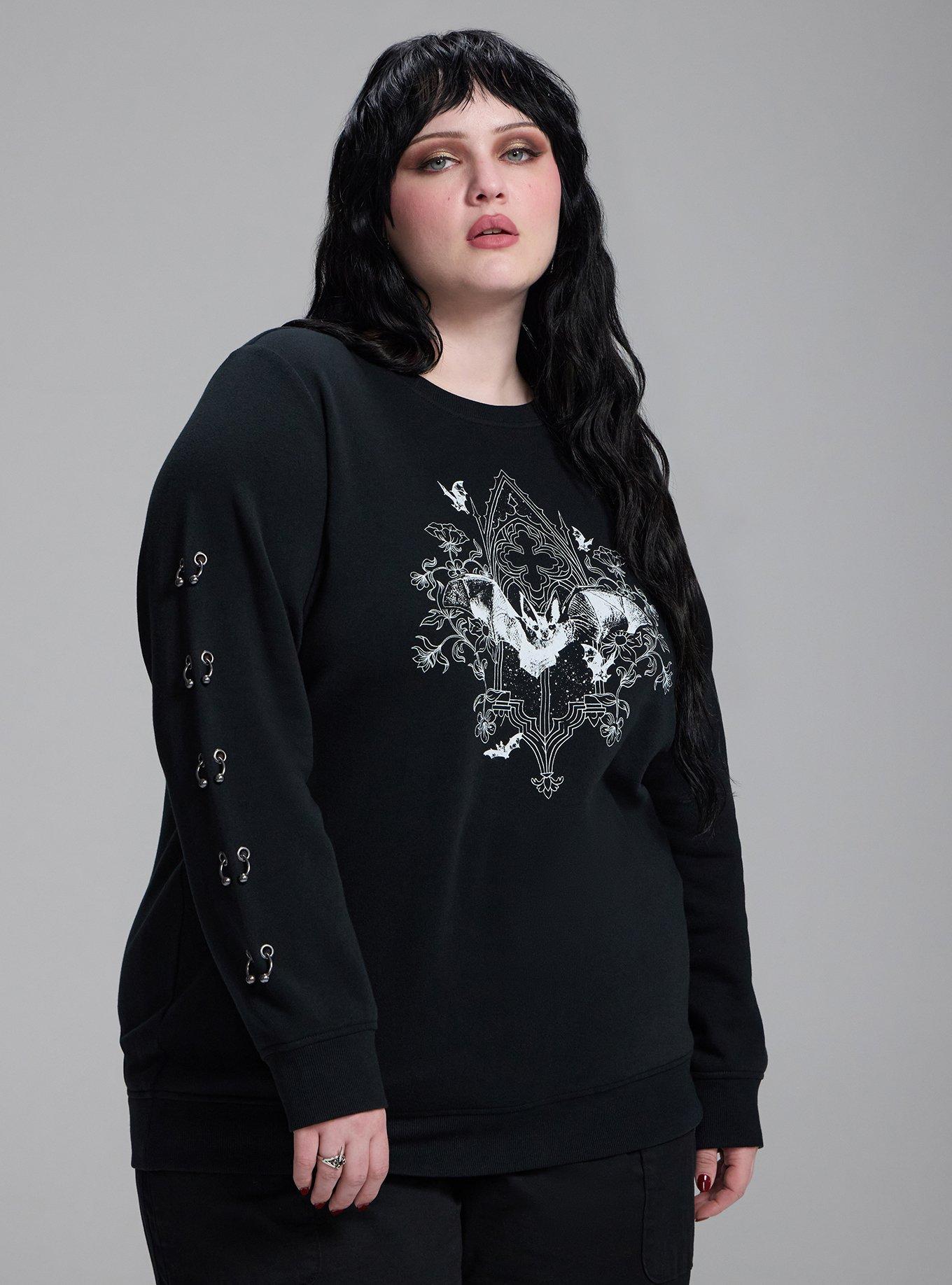 Plus Size Nightfall Pierced Pullover Tunic Top, BAT AND STAR WINDOW DEEP BLACK, hi-res