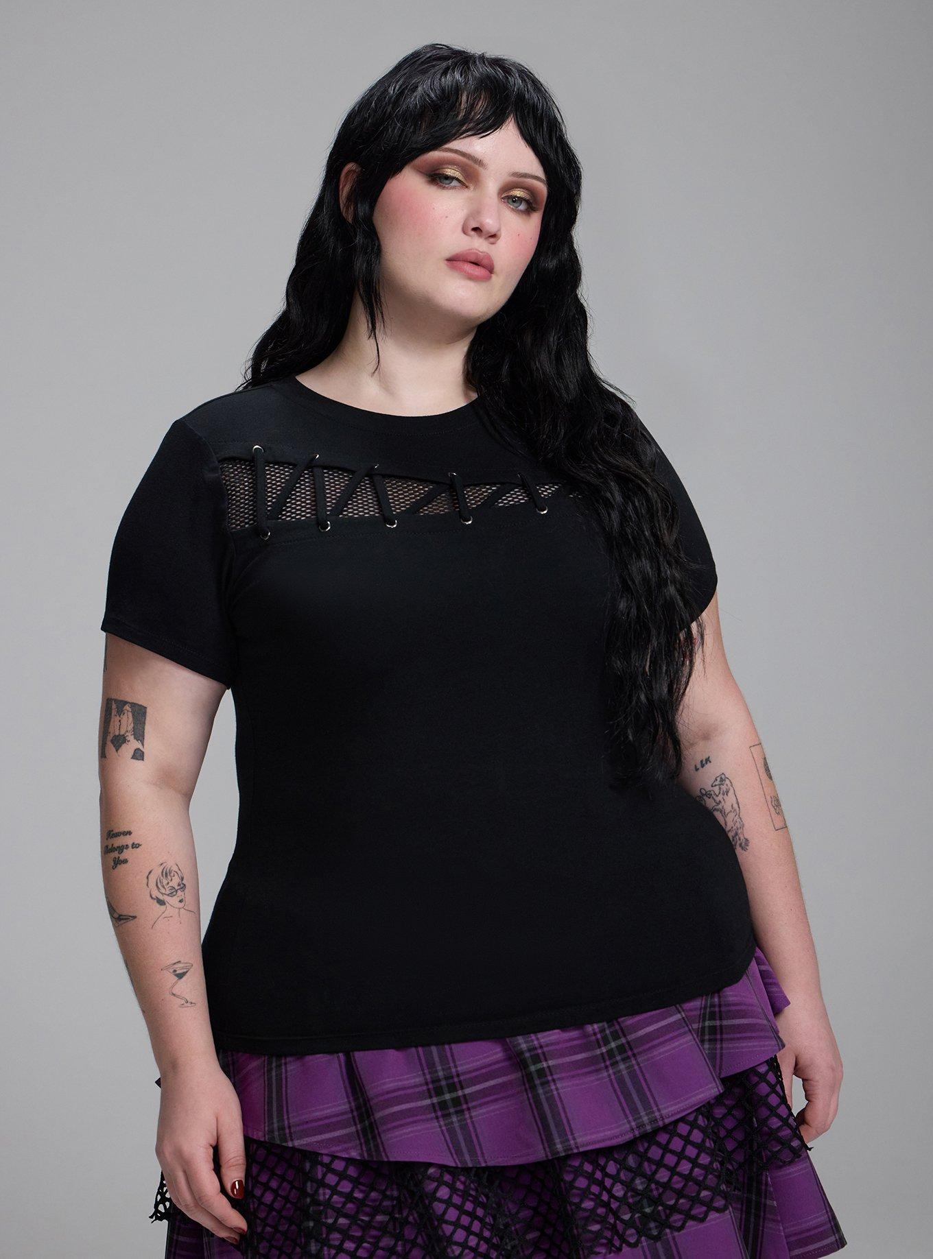 Nightfall Fishnet and Lacing Baby Tee, DEEP BLACK, hi-res