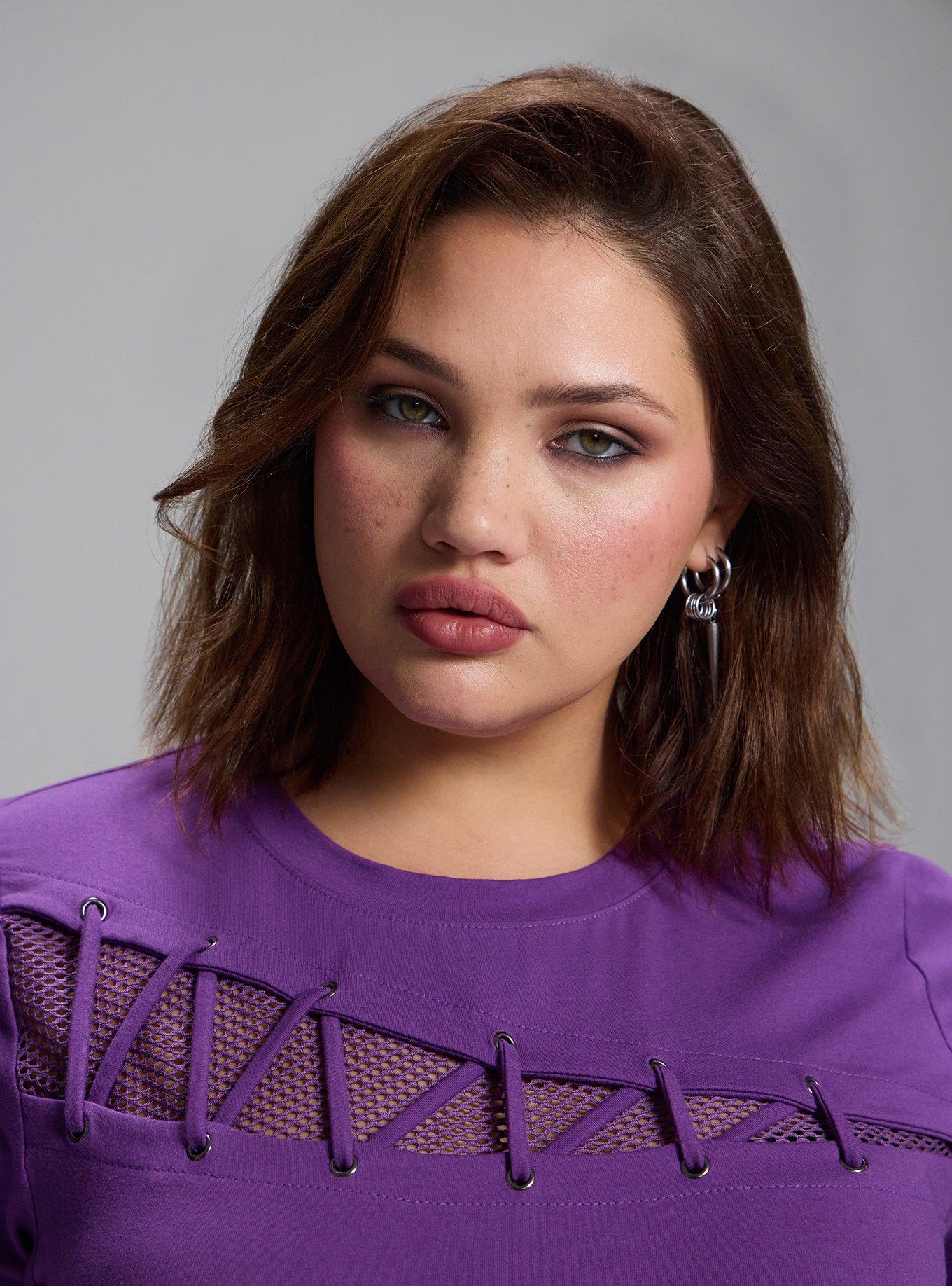 Nightfall Fishnet and Lacing Baby Tee, PURPLE MAGIC, alternate