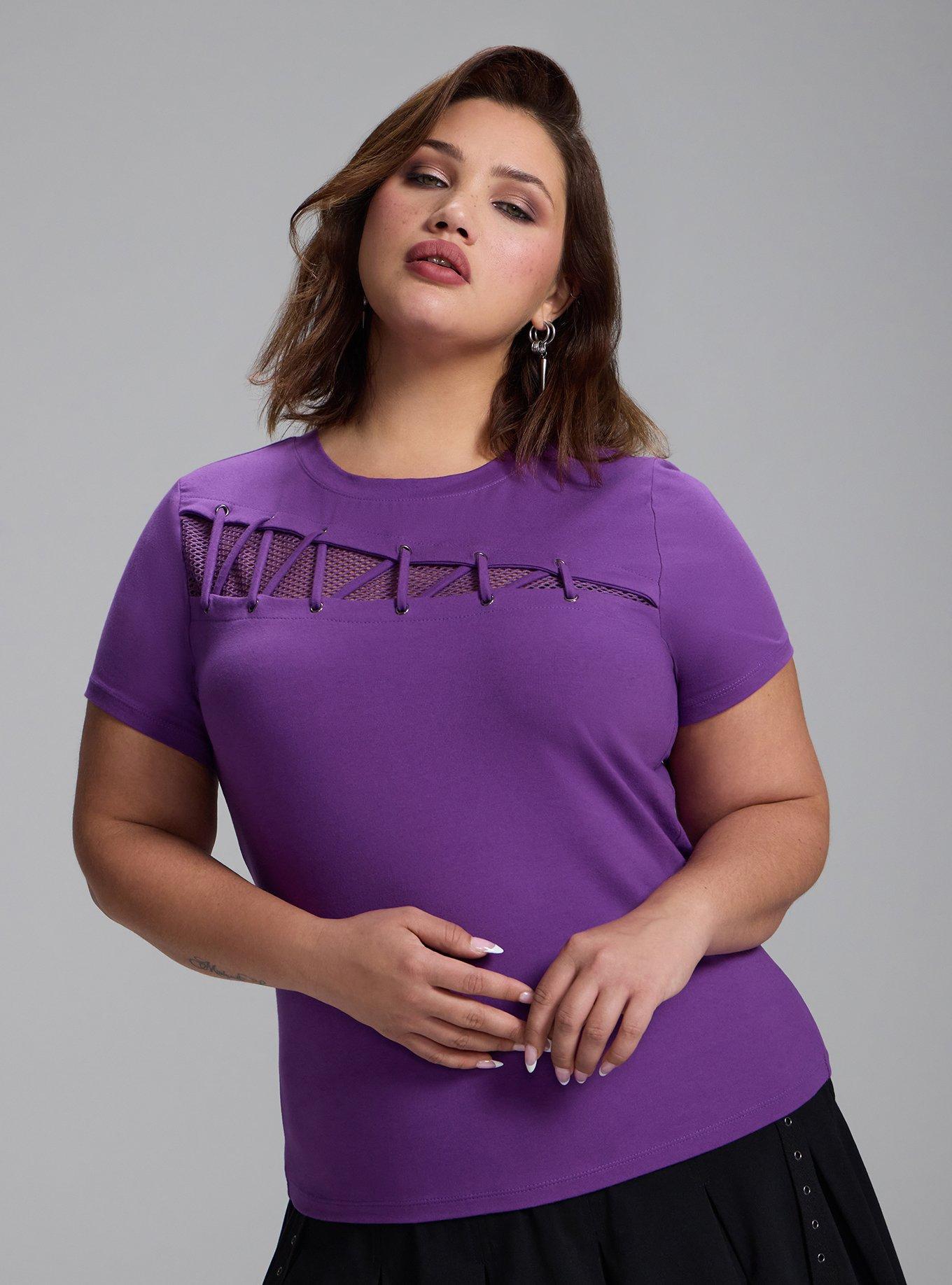 Nightfall Fishnet and Lacing Baby Tee, PURPLE MAGIC, hi-res