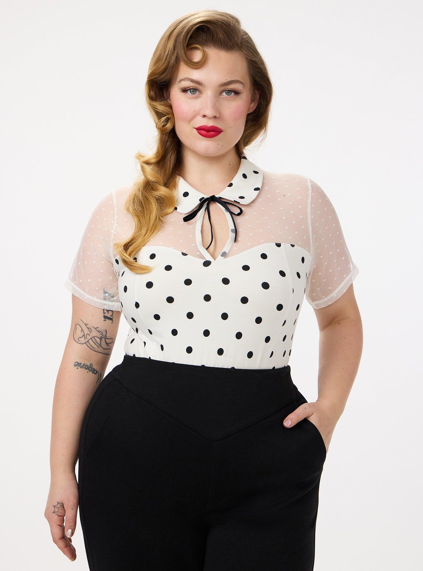 Retro Chic Foxy Button Neck Top, DENNY DOT IVORY, alternate