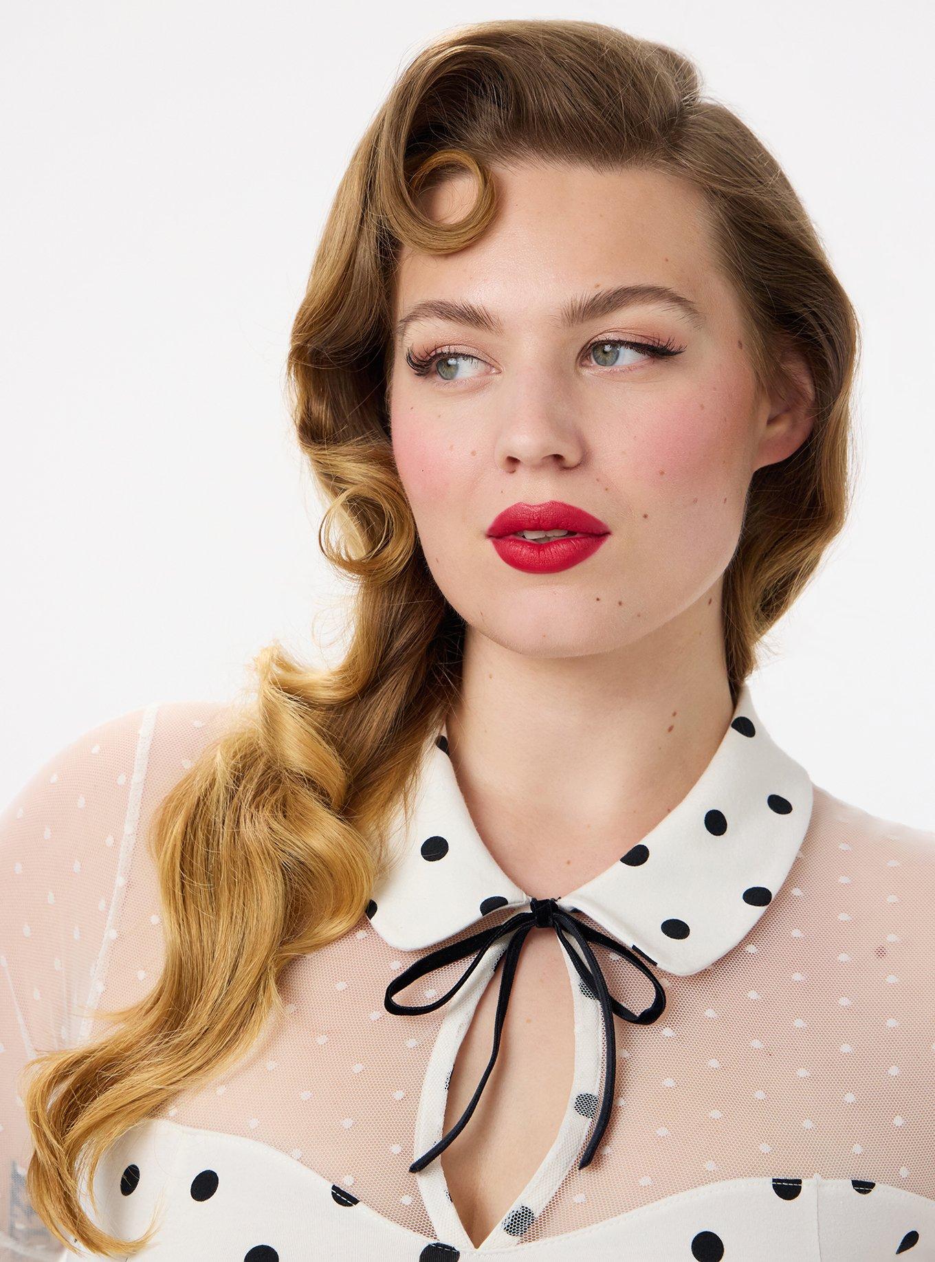 Retro Chic Foxy Button Neck Top, DENNY DOT IVORY, alternate