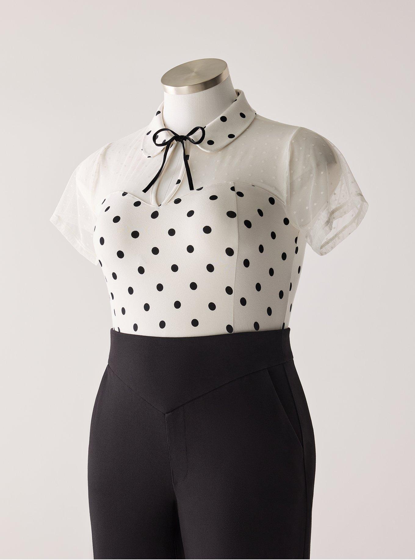 Retro Chic Foxy Button Neck Top, DENNY DOT IVORY, flat