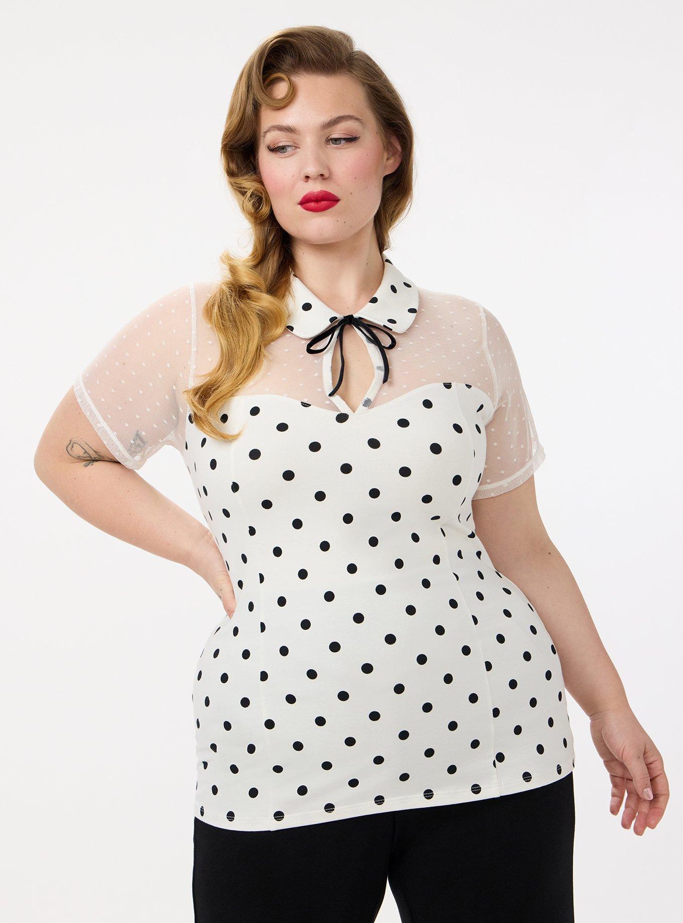 Retro Chic Foxy Button Neck Top, DENNY DOT IVORY, hi-res