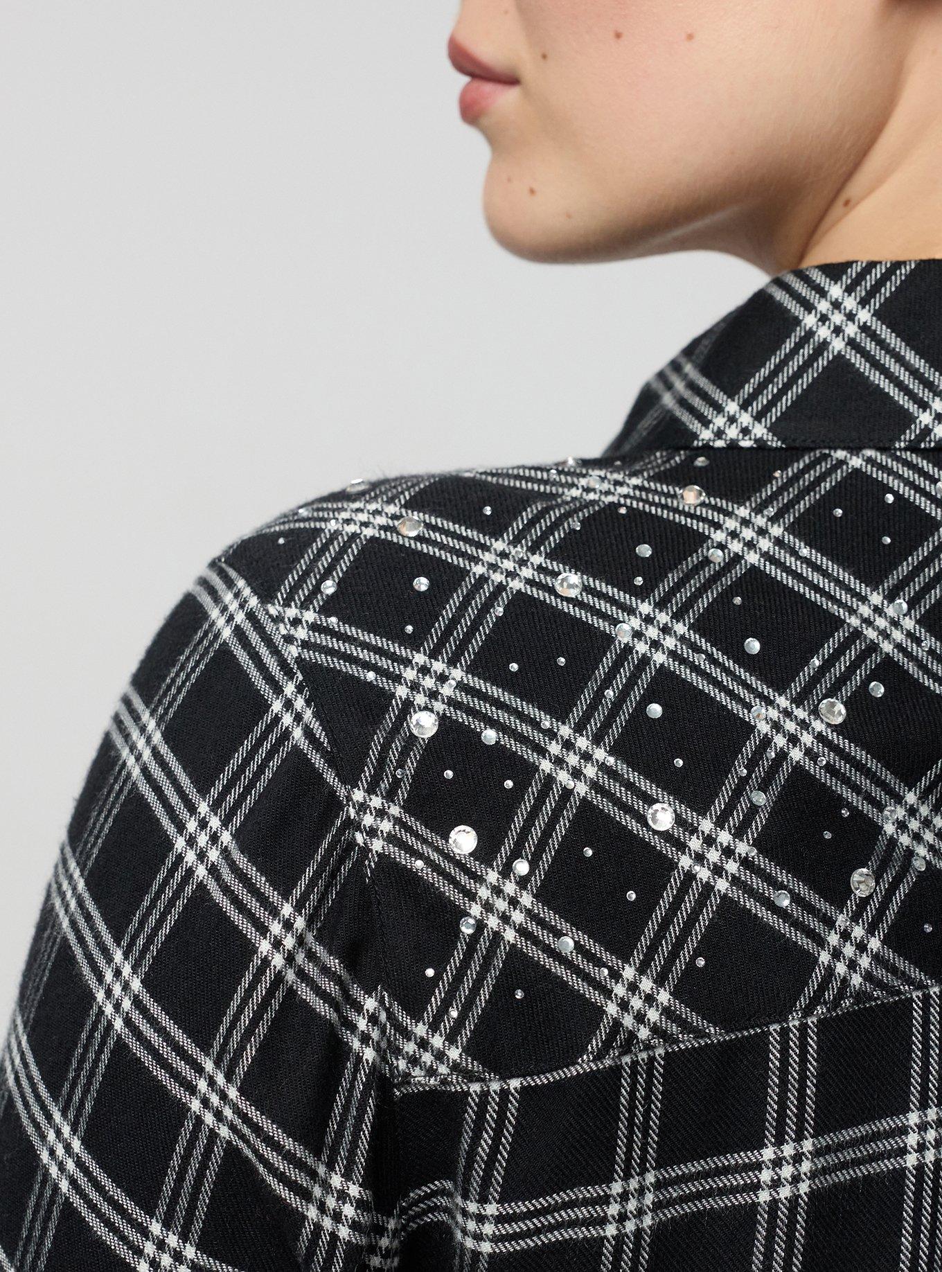 Lizzie Flannel Rhinestone Shirt, ISLA PLAID BLACK, alternate