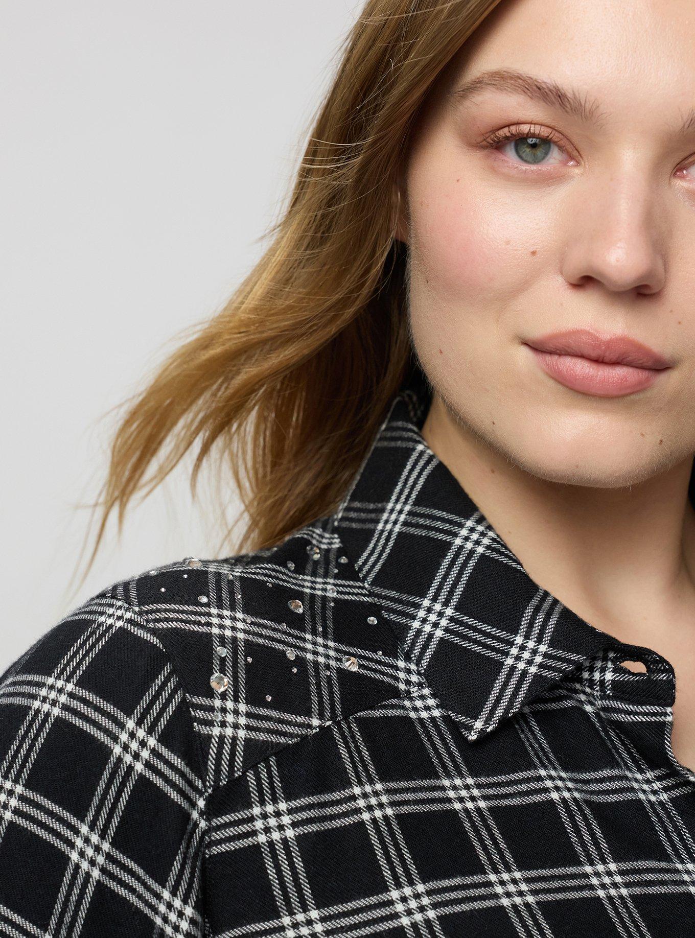 Lizzie Flannel Rhinestone Shirt, ISLA PLAID BLACK, alternate