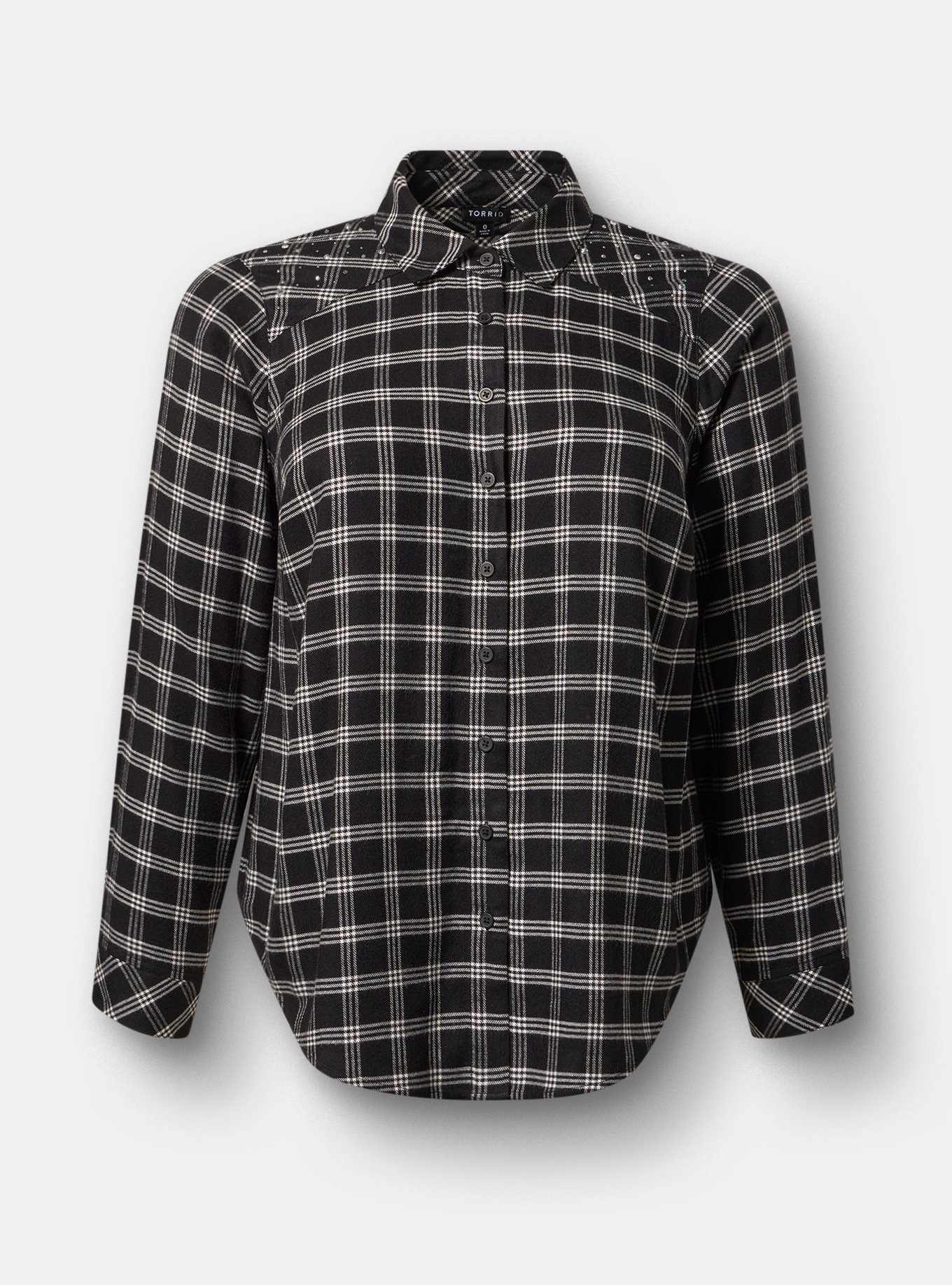 Lizzie Flannel Rhinestone Shirt, ISLA PLAID BLACK, flat