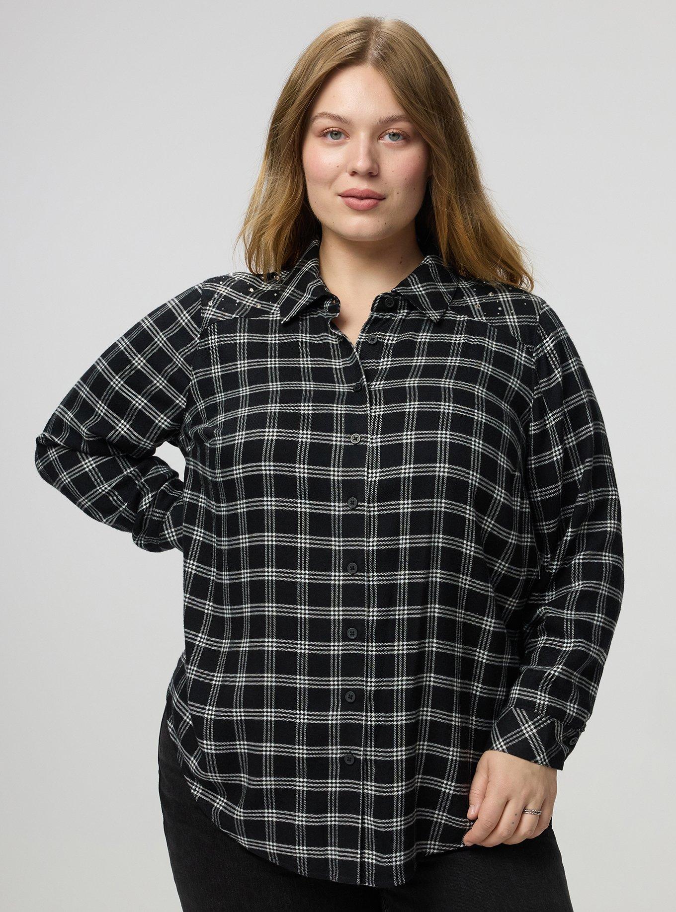 Lizzie Flannel Rhinestone Shirt, ISLA PLAID BLACK, hi-res