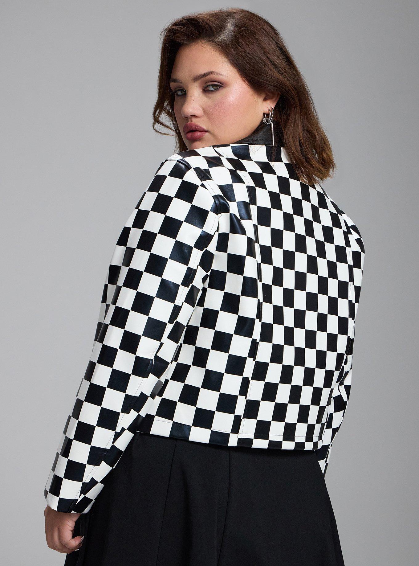 Nightfall Faux Leather Cropped Moto Jacket, BLACK WHITE CHECKERS, alternate