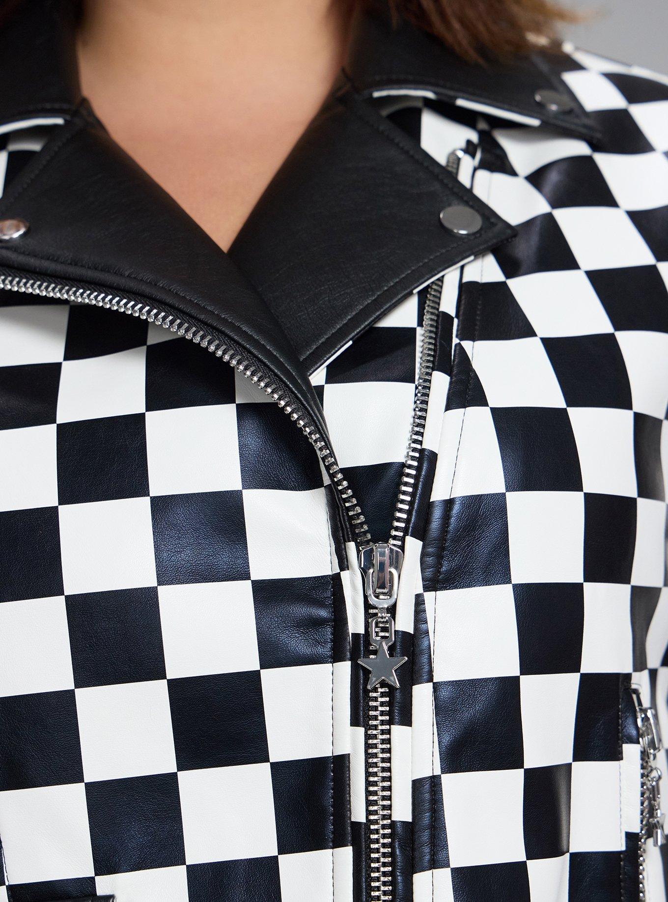 Nightfall Faux Leather Cropped Moto Jacket, BLACK WHITE CHECKERS, alternate