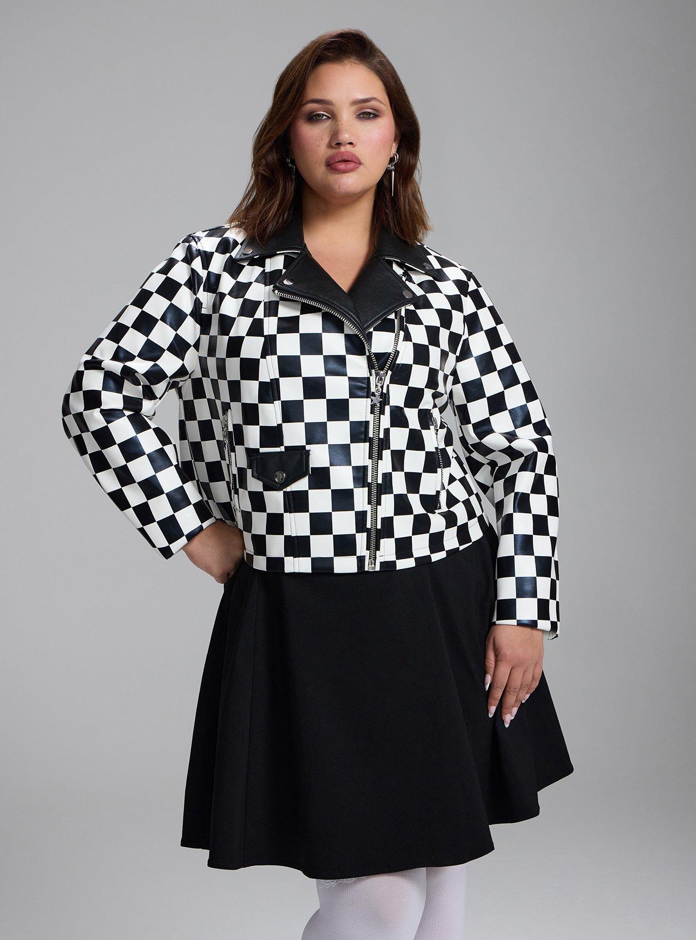 Nightfall Faux Leather Cropped Moto Jacket, BLACK WHITE CHECKERS, hi-res