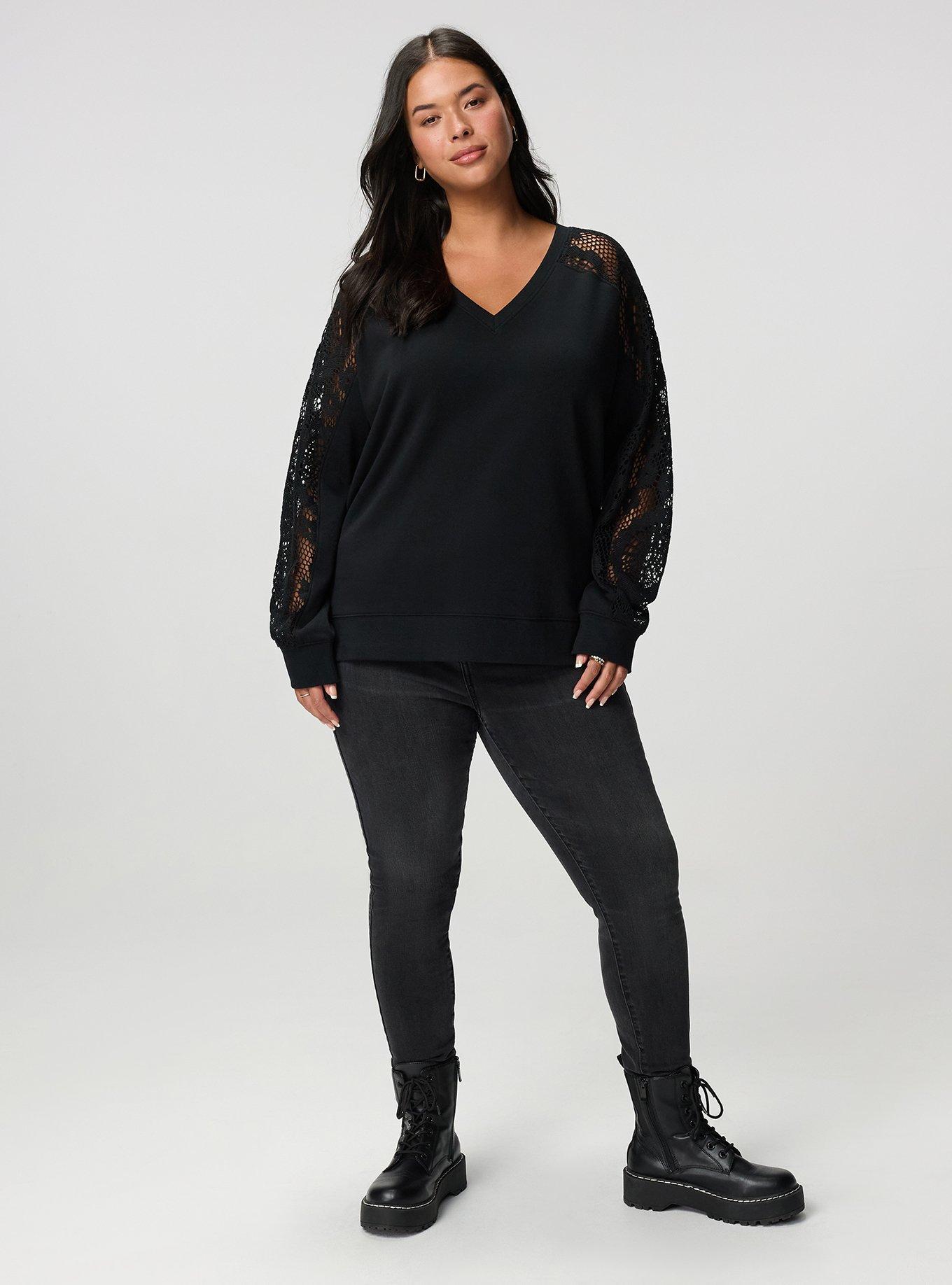 Cozy Fleece V-Neck Crochet Yoke Sweatshirt, DEEP BLACK, alternate
