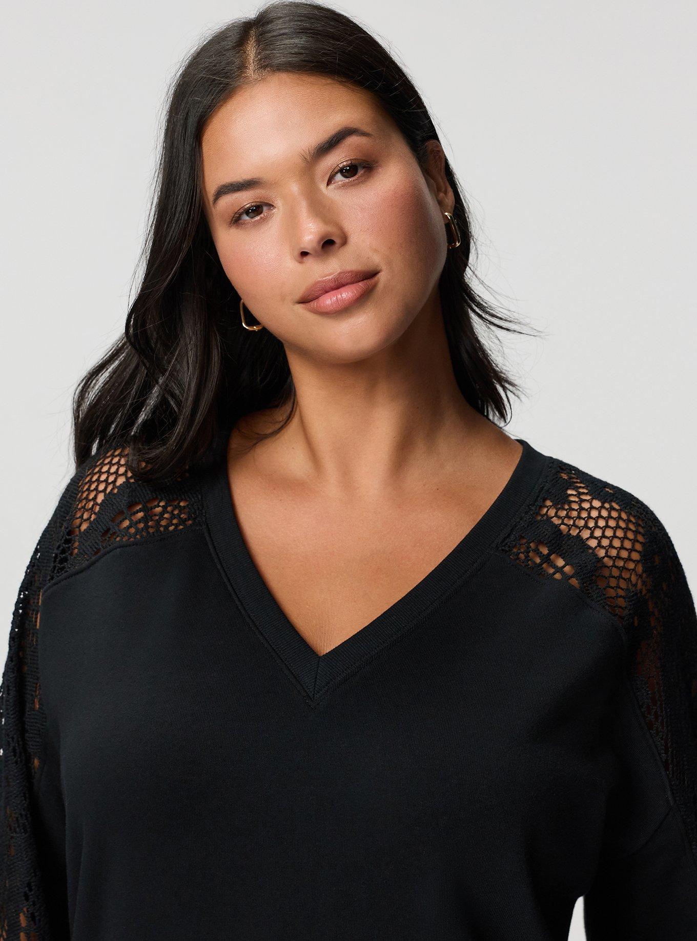 Cozy Fleece V-Neck Crochet Yoke Sweatshirt, DEEP BLACK, alternate