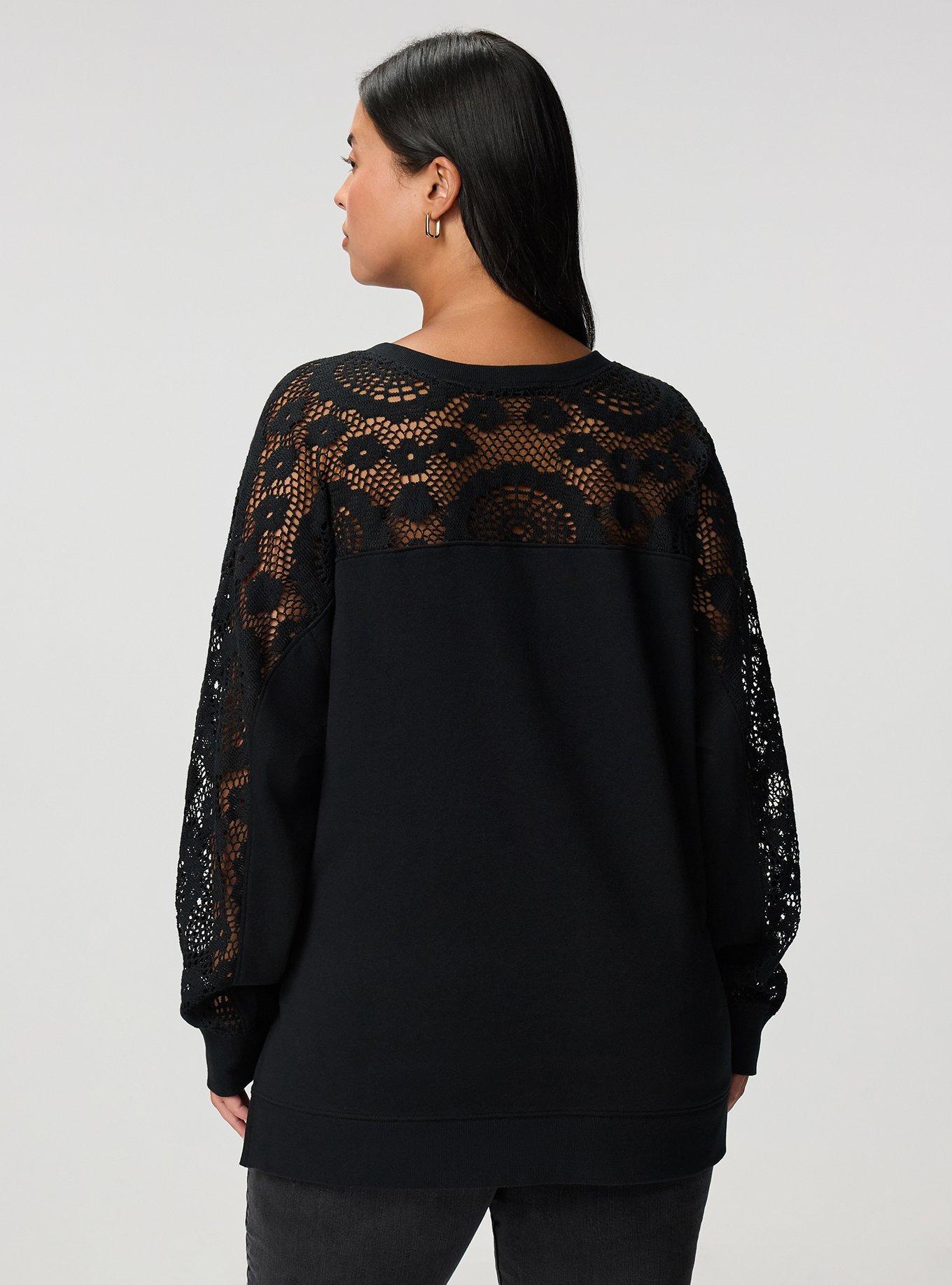Cozy Fleece V-Neck Crochet Yoke Sweatshirt, DEEP BLACK, alternate