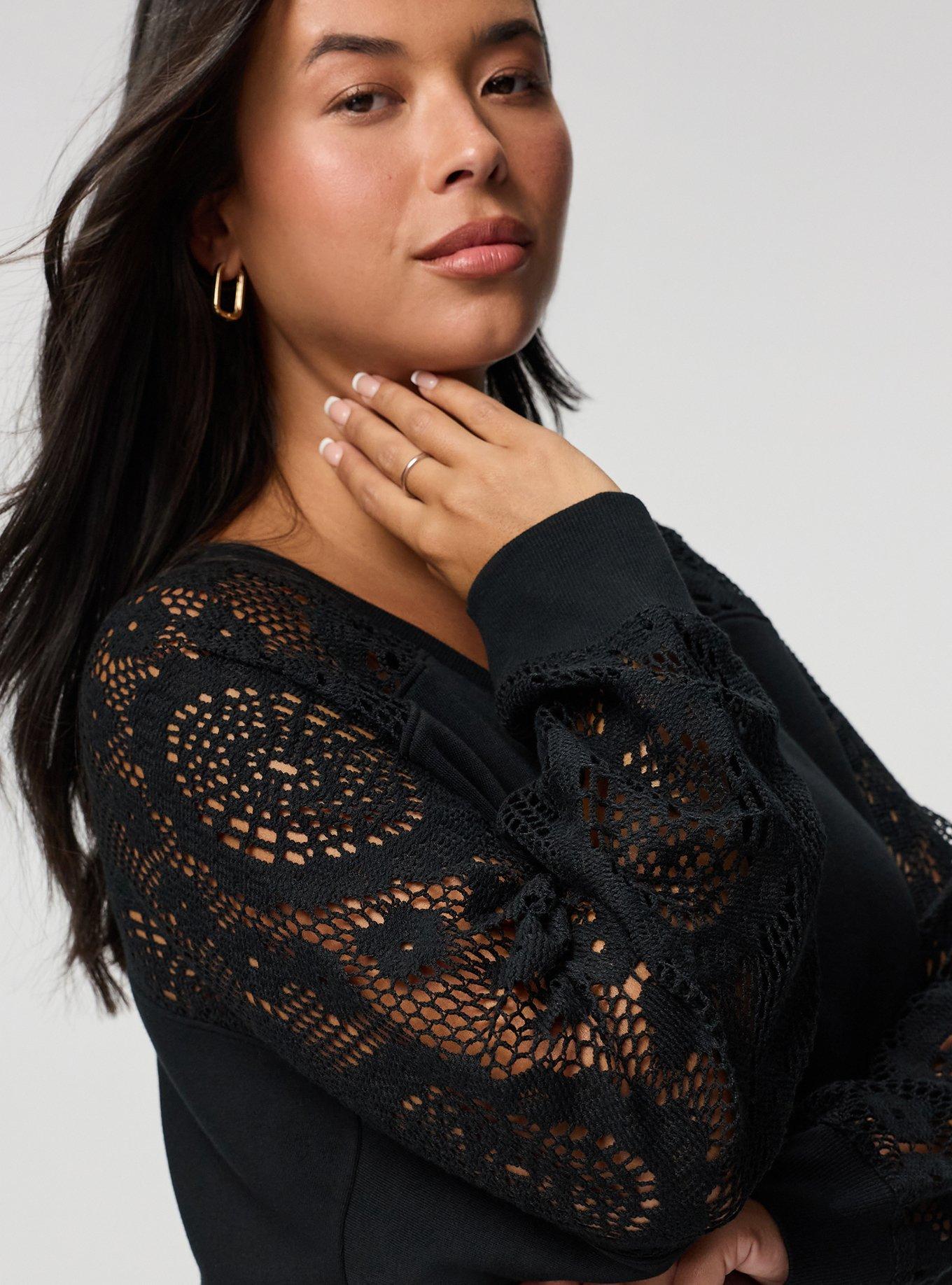 Cozy Fleece V-Neck Crochet Yoke Sweatshirt, DEEP BLACK, alternate