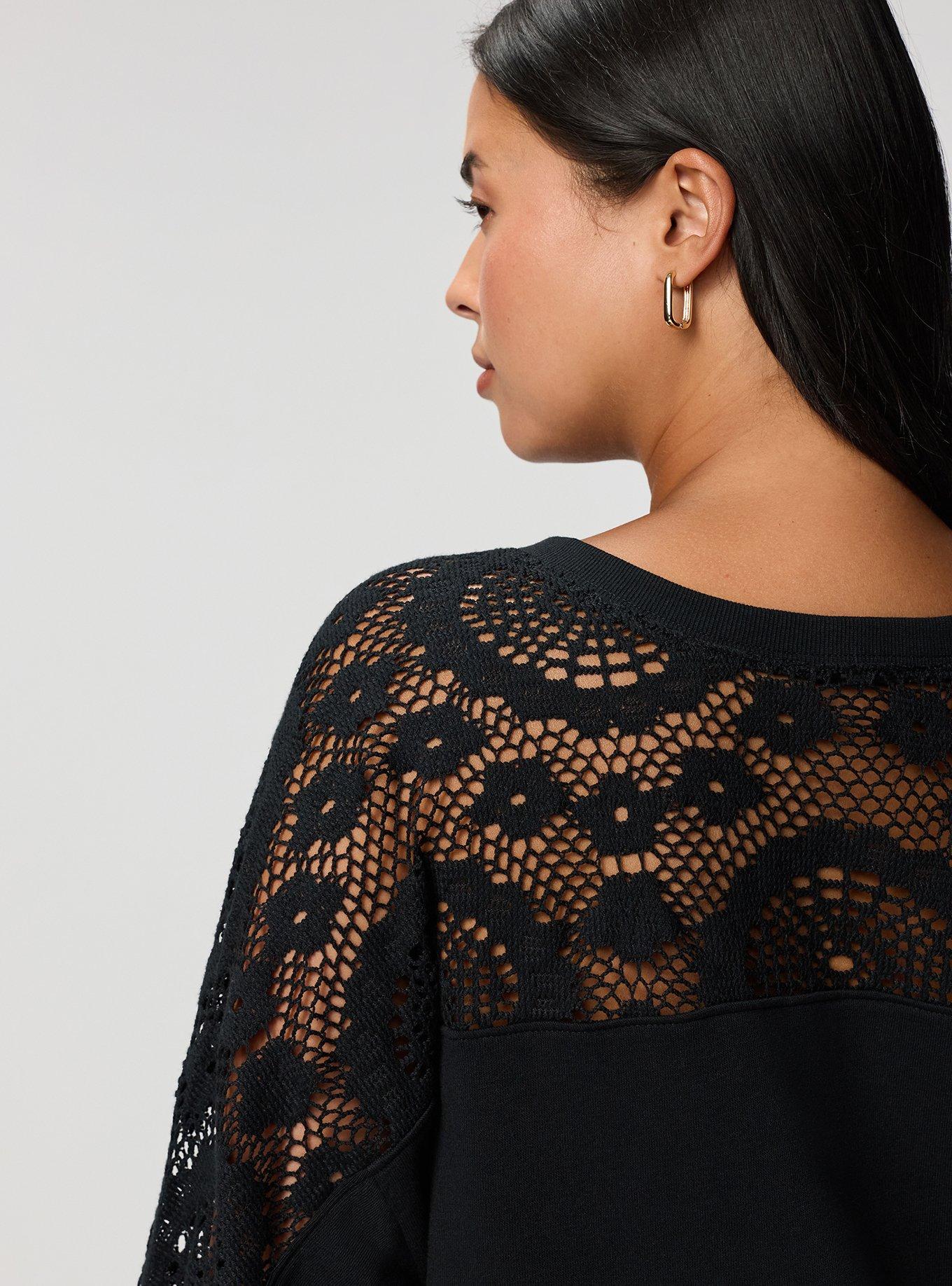 Cozy Fleece V-Neck Crochet Yoke Sweatshirt, DEEP BLACK, alternate