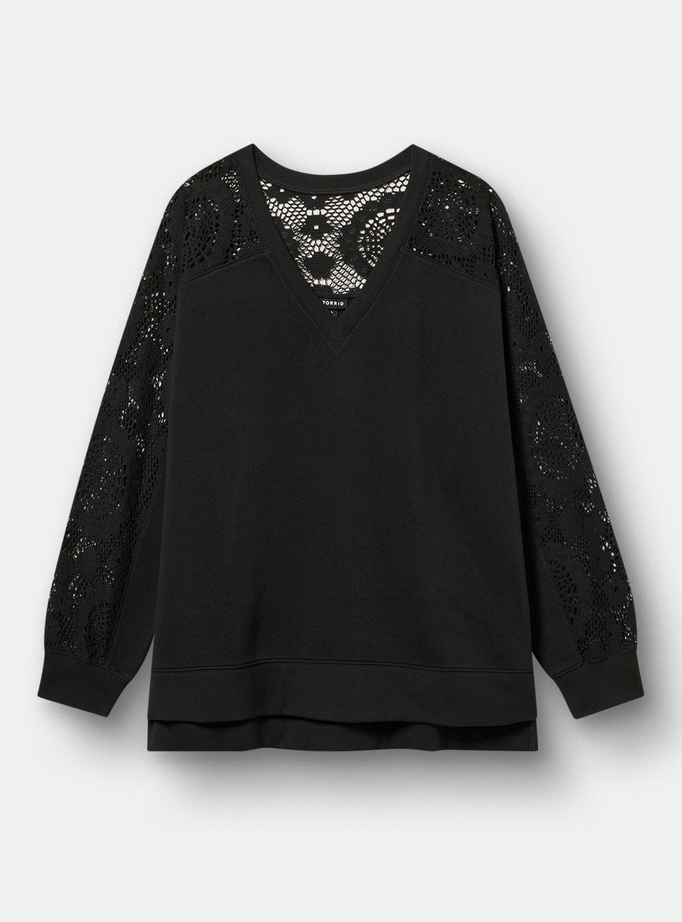 Cozy Fleece V-Neck Crochet Yoke Sweatshirt, DEEP BLACK, flat