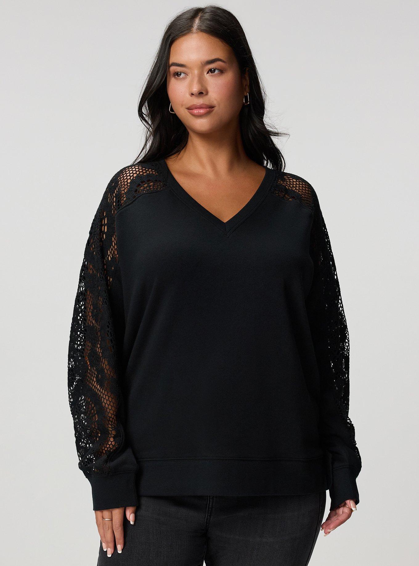 Cozy Fleece V-Neck Crochet Yoke Sweatshirt, DEEP BLACK, hi-res
