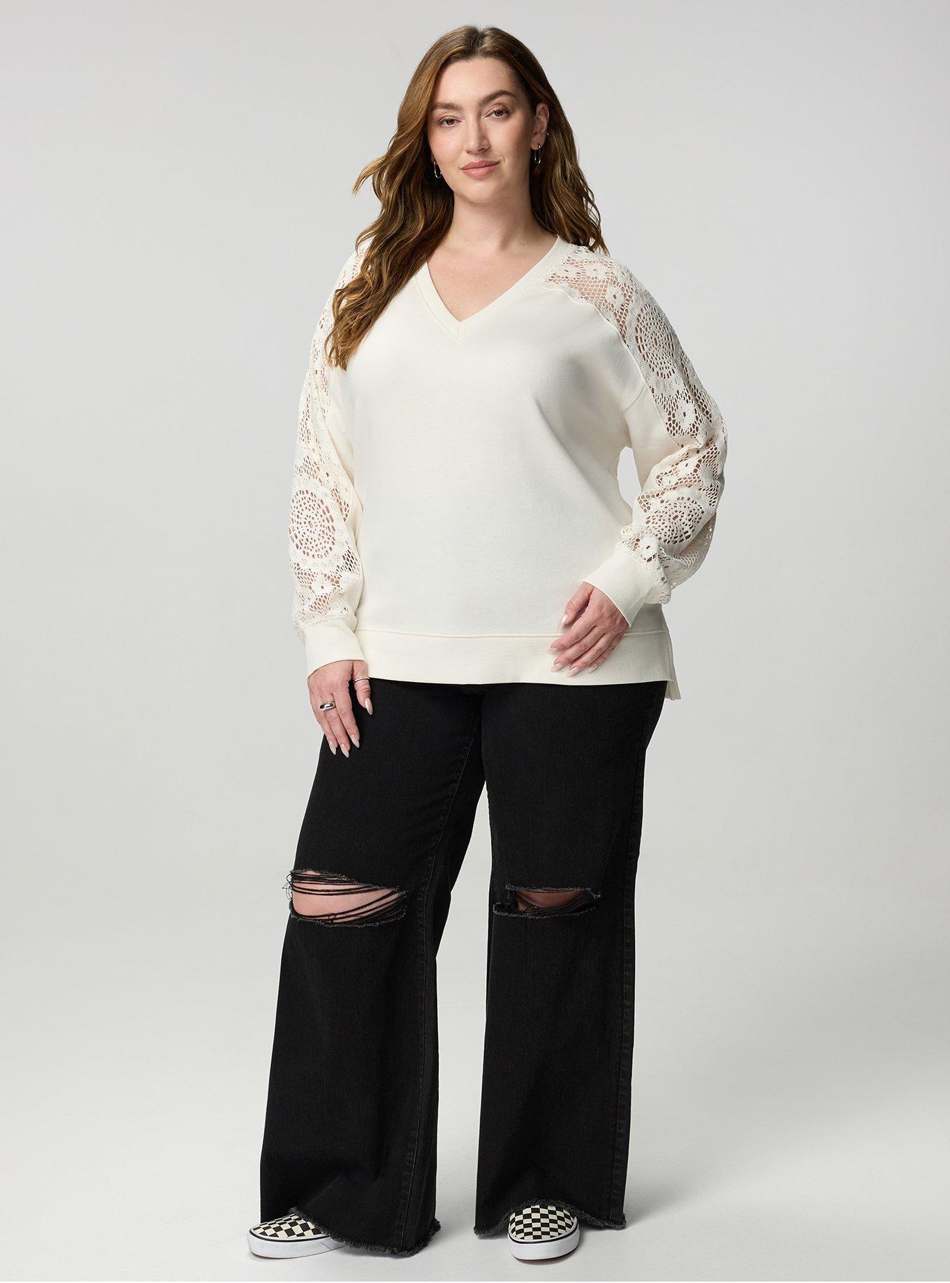 Plus Size Cozy Fleece V-Neck Crochet Yoke Sweatshirt, WHISPER WHITE, alternate