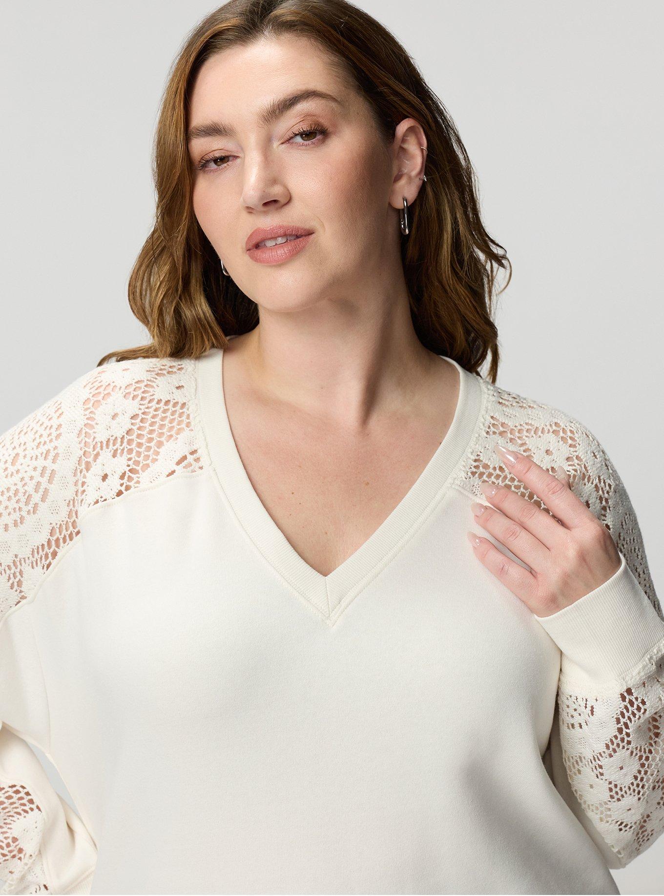 Plus Size Cozy Fleece V-Neck Crochet Yoke Sweatshirt, WHISPER WHITE, alternate