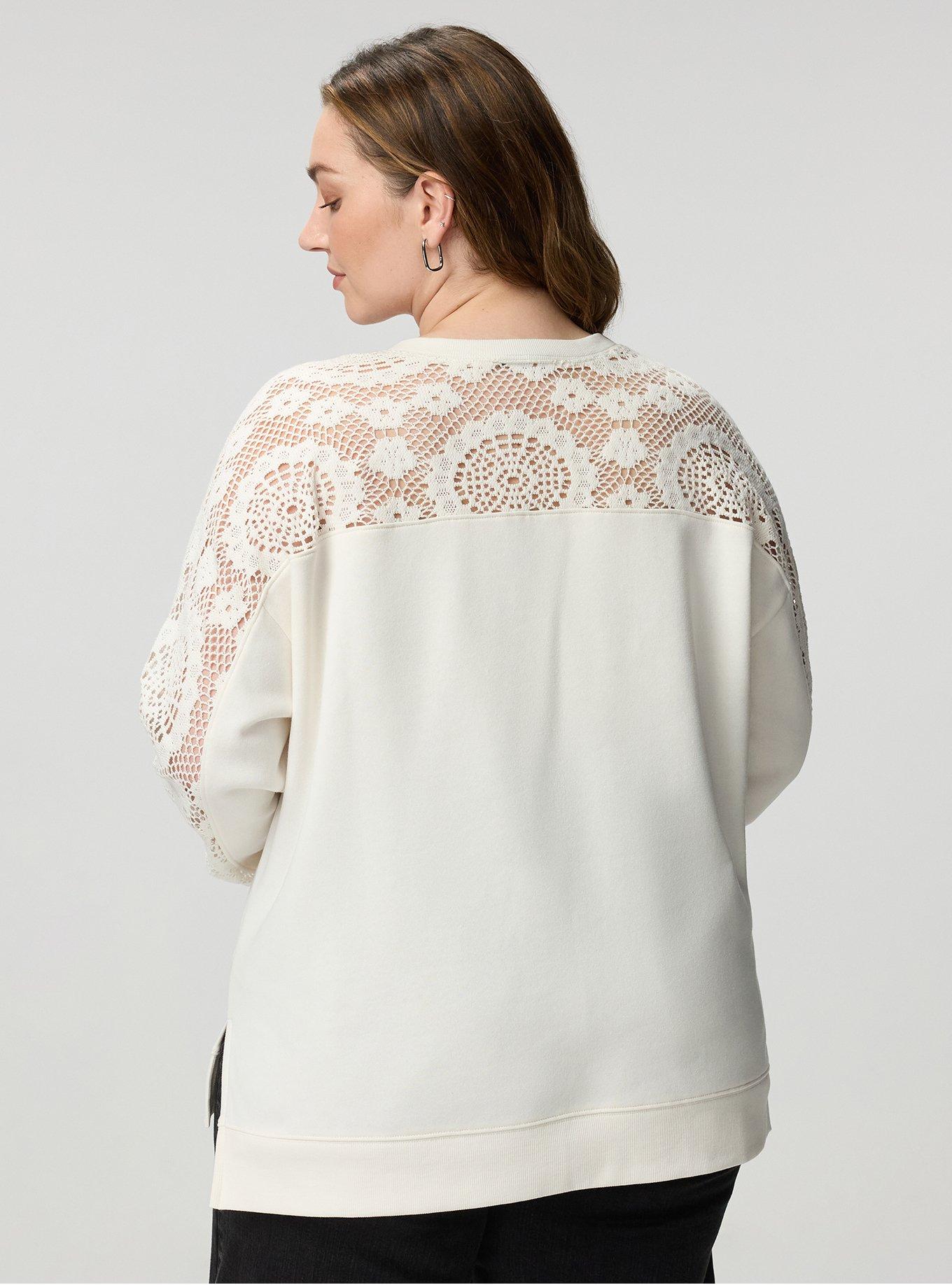 Plus Size Cozy Fleece V-Neck Crochet Yoke Sweatshirt, WHISPER WHITE, alternate