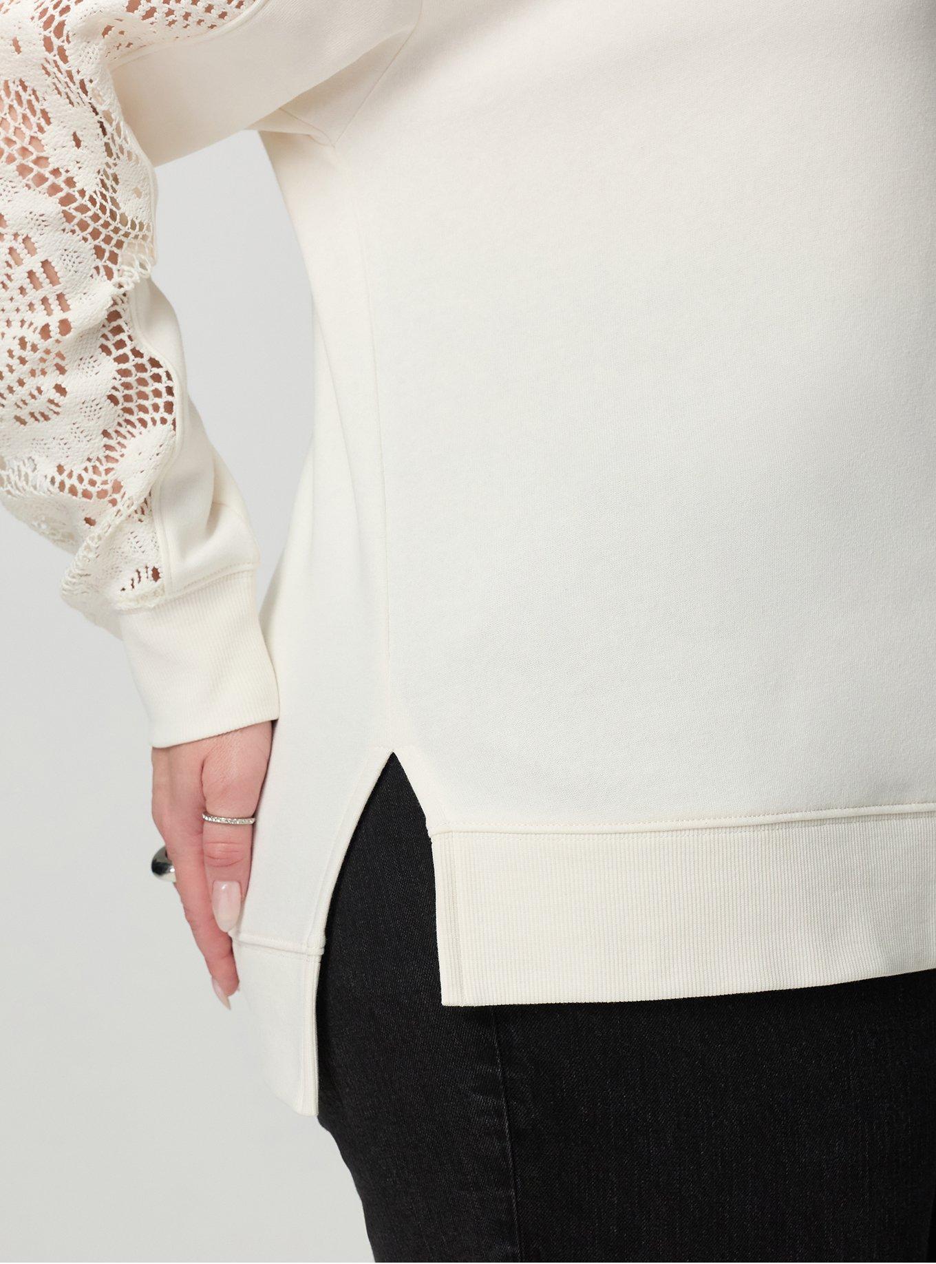 Plus Size Cozy Fleece V-Neck Crochet Yoke Sweatshirt, WHISPER WHITE, alternate