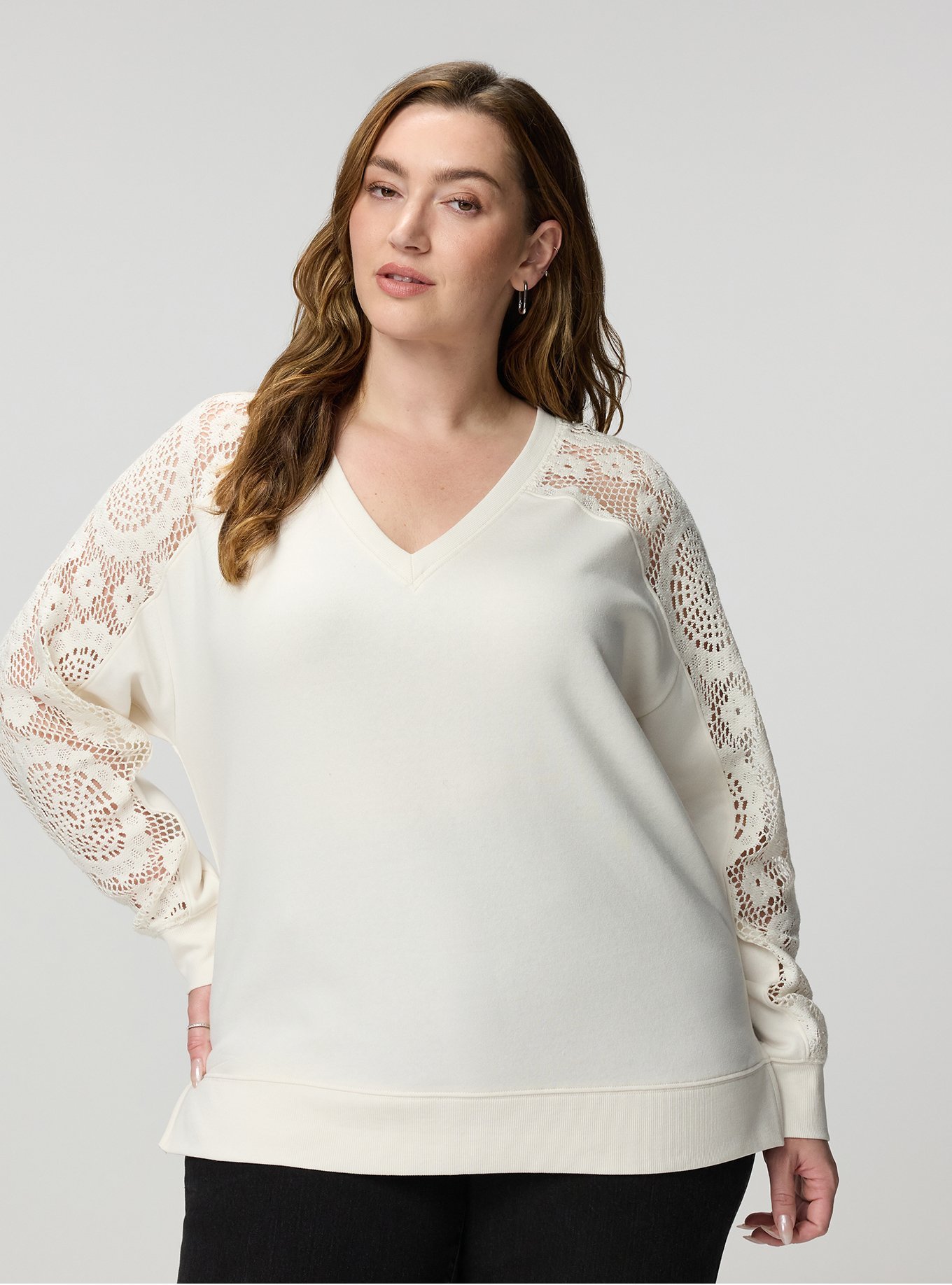 Plus Size - Cozy Fleece V-Neck Crochet Yoke Sweatshirt - Torrid