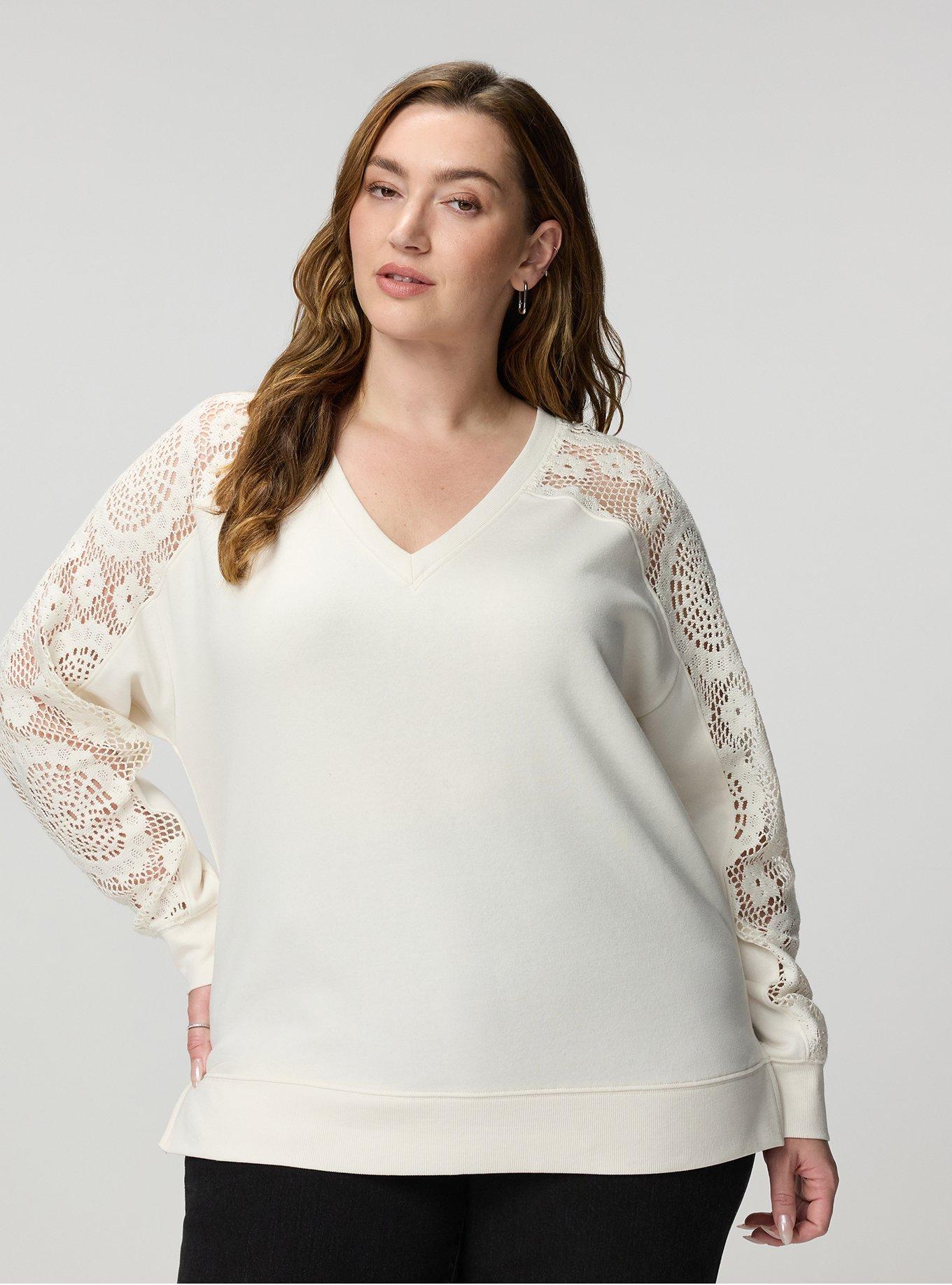 Plus Size Cozy Fleece V-Neck Crochet Yoke Sweatshirt, WHISPER WHITE, hi-res