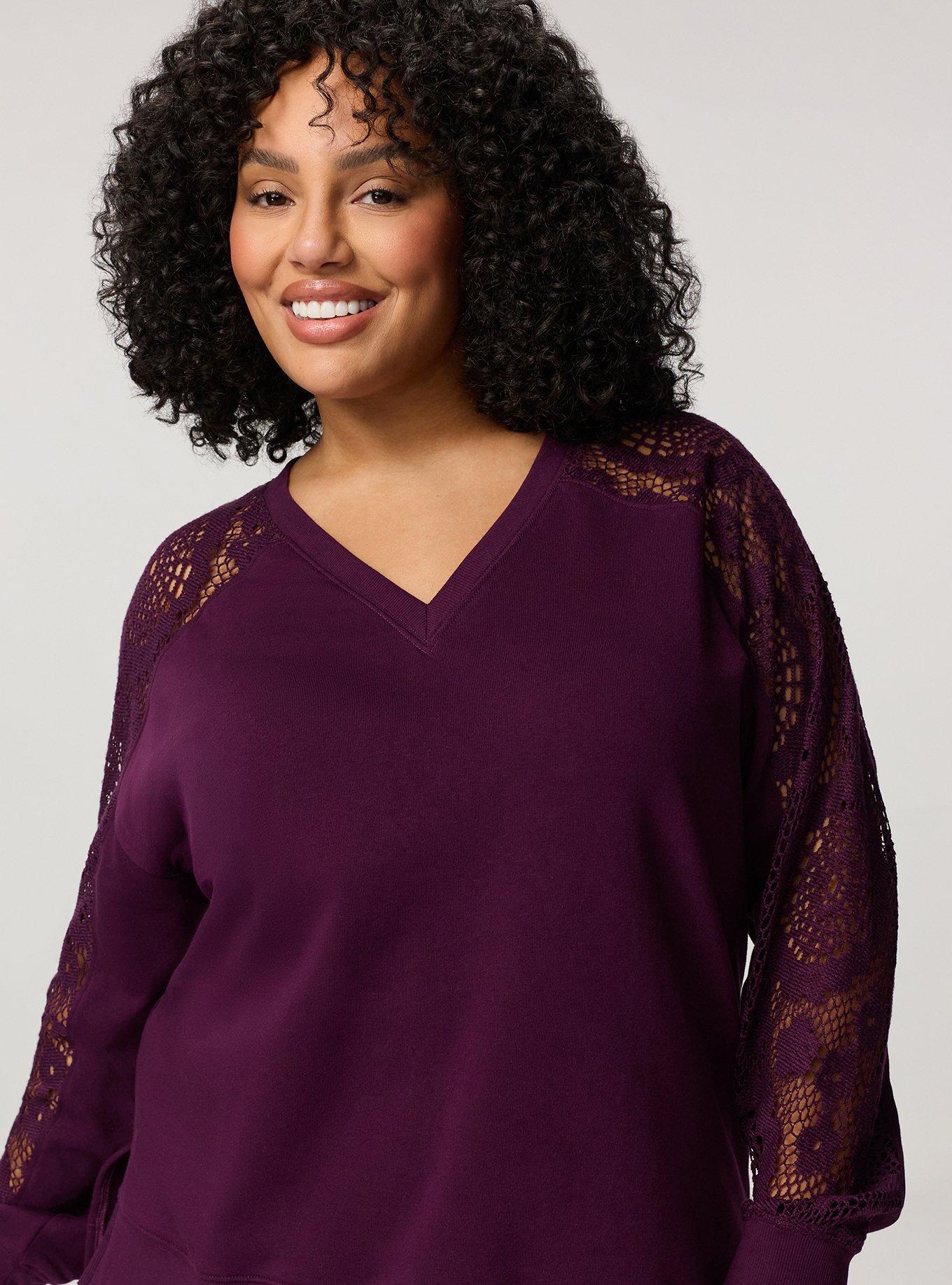 Cozy Fleece V-Neck Crochet Yoke Sweatshirt, WINTER BLOOM, alternate