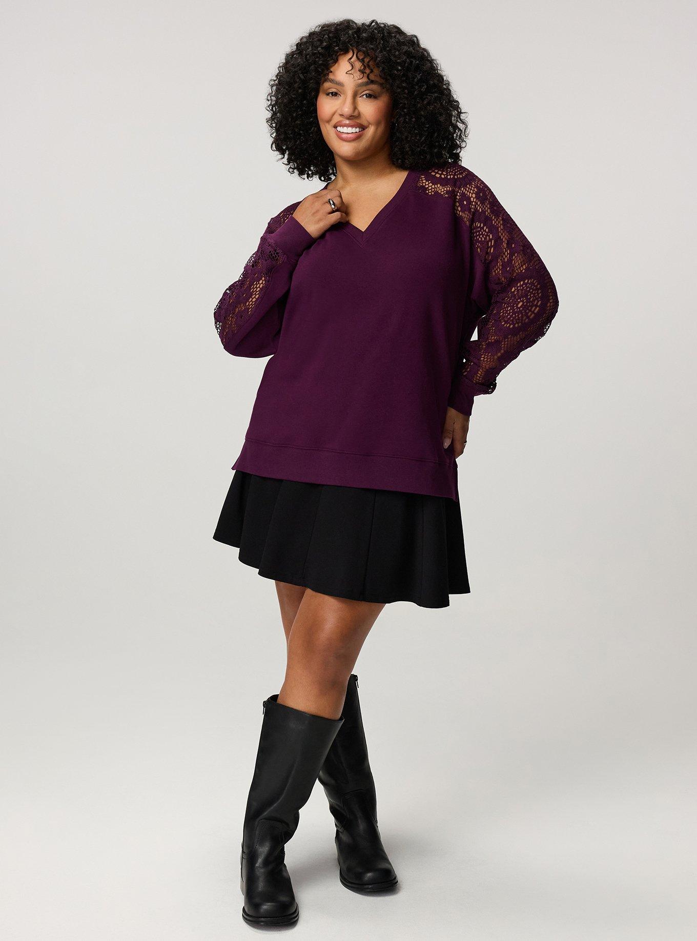 Cozy Fleece V-Neck Crochet Yoke Sweatshirt, WINTER BLOOM, alternate