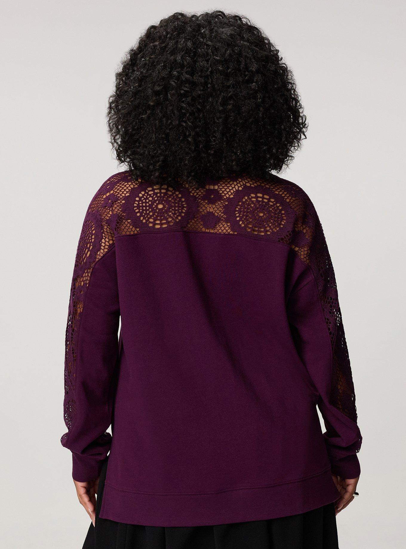 Cozy Fleece V-Neck Crochet Yoke Sweatshirt, WINTER BLOOM, alternate