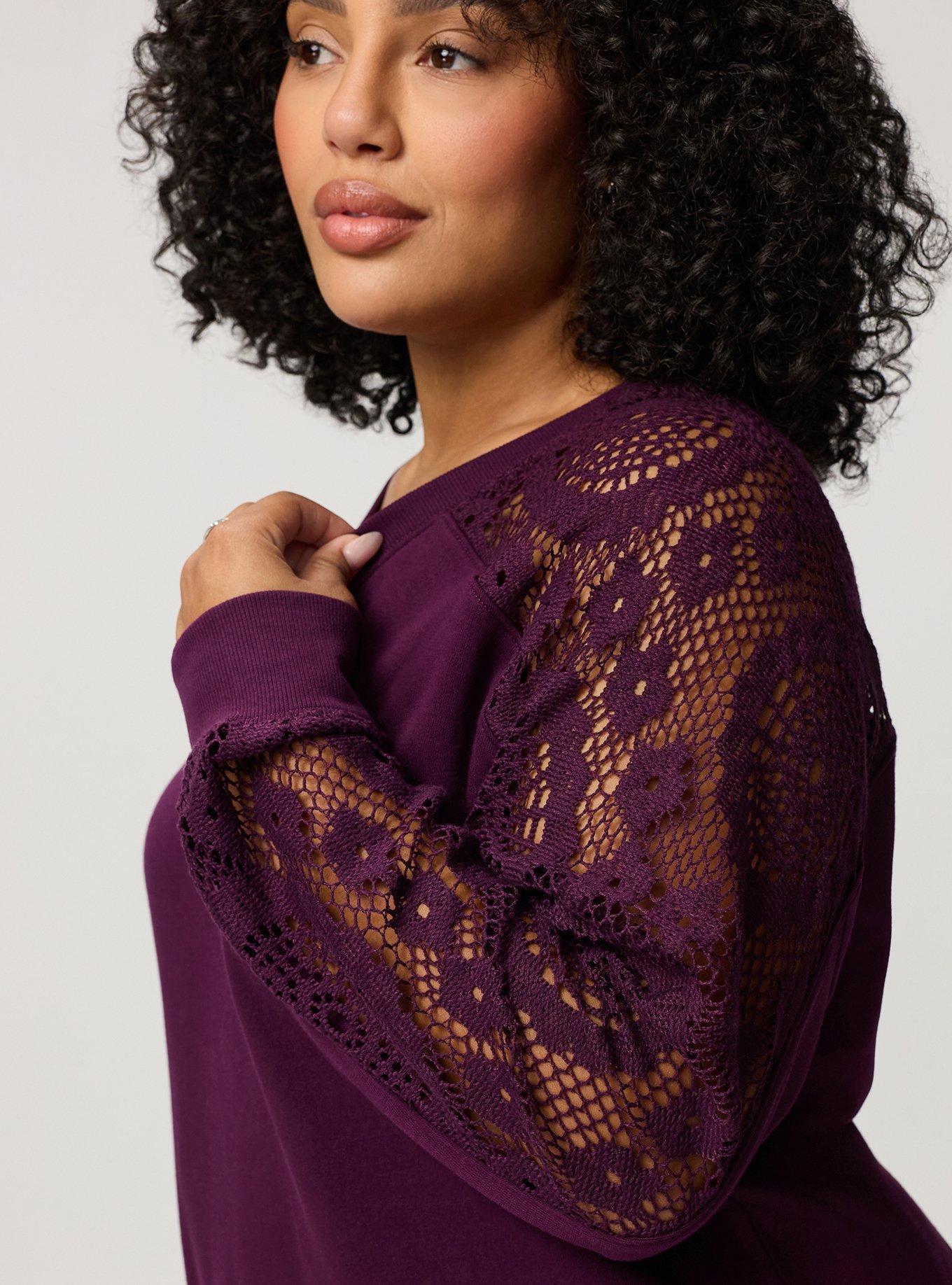 Cozy Fleece V-Neck Crochet Yoke Sweatshirt, WINTER BLOOM, alternate