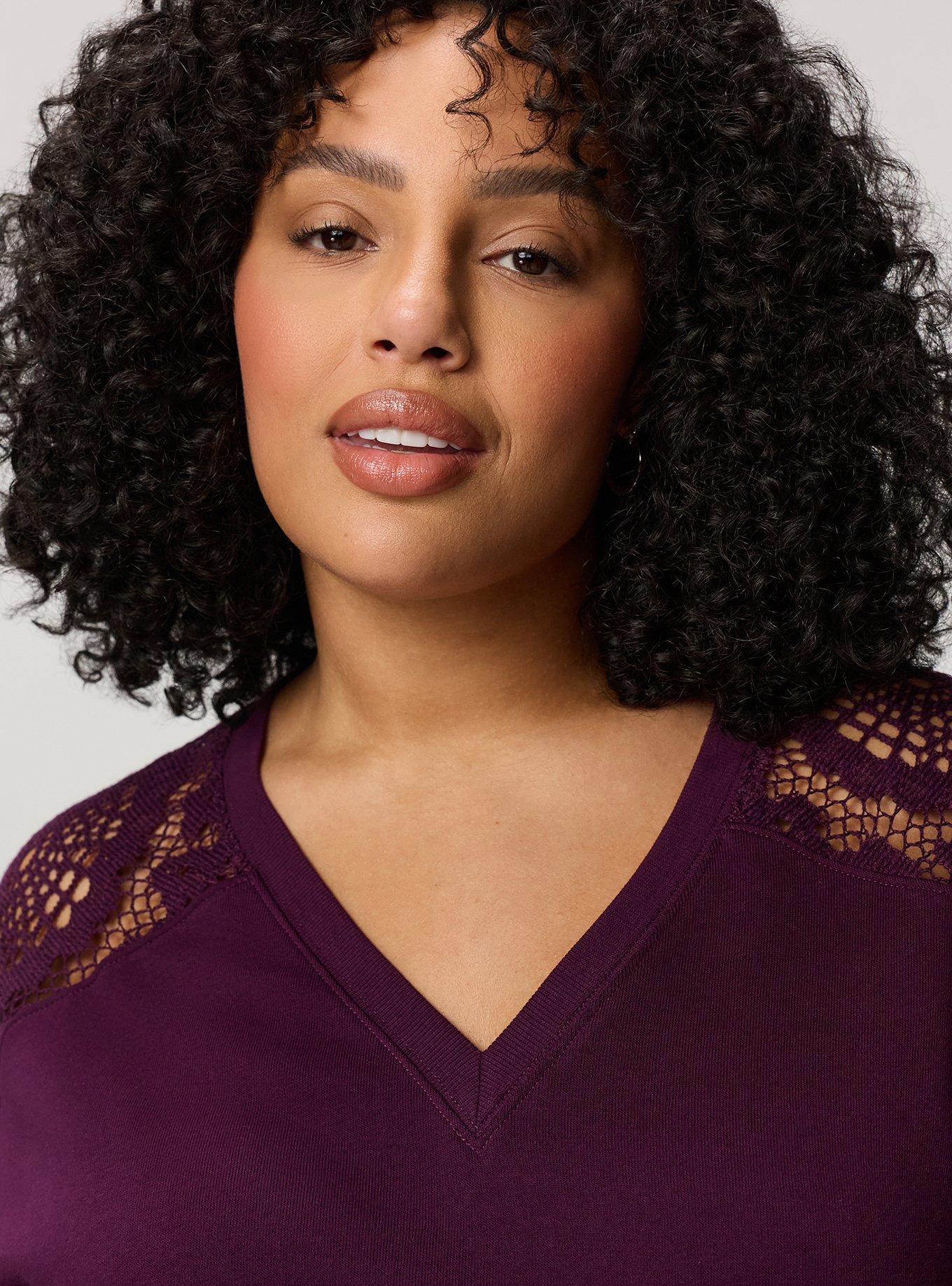 Cozy Fleece V-Neck Crochet Yoke Sweatshirt, WINTER BLOOM, alternate