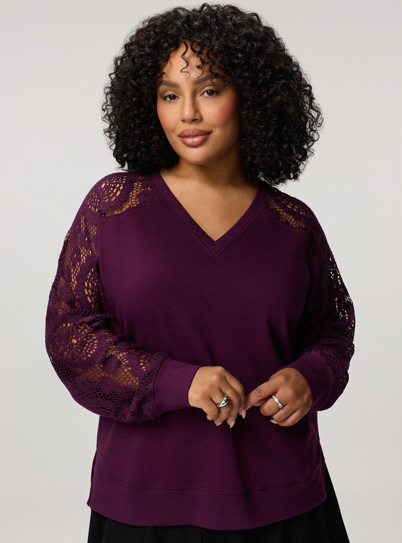 Cozy Fleece V-Neck Crochet Yoke Sweatshirt, WINTER BLOOM, hi-res