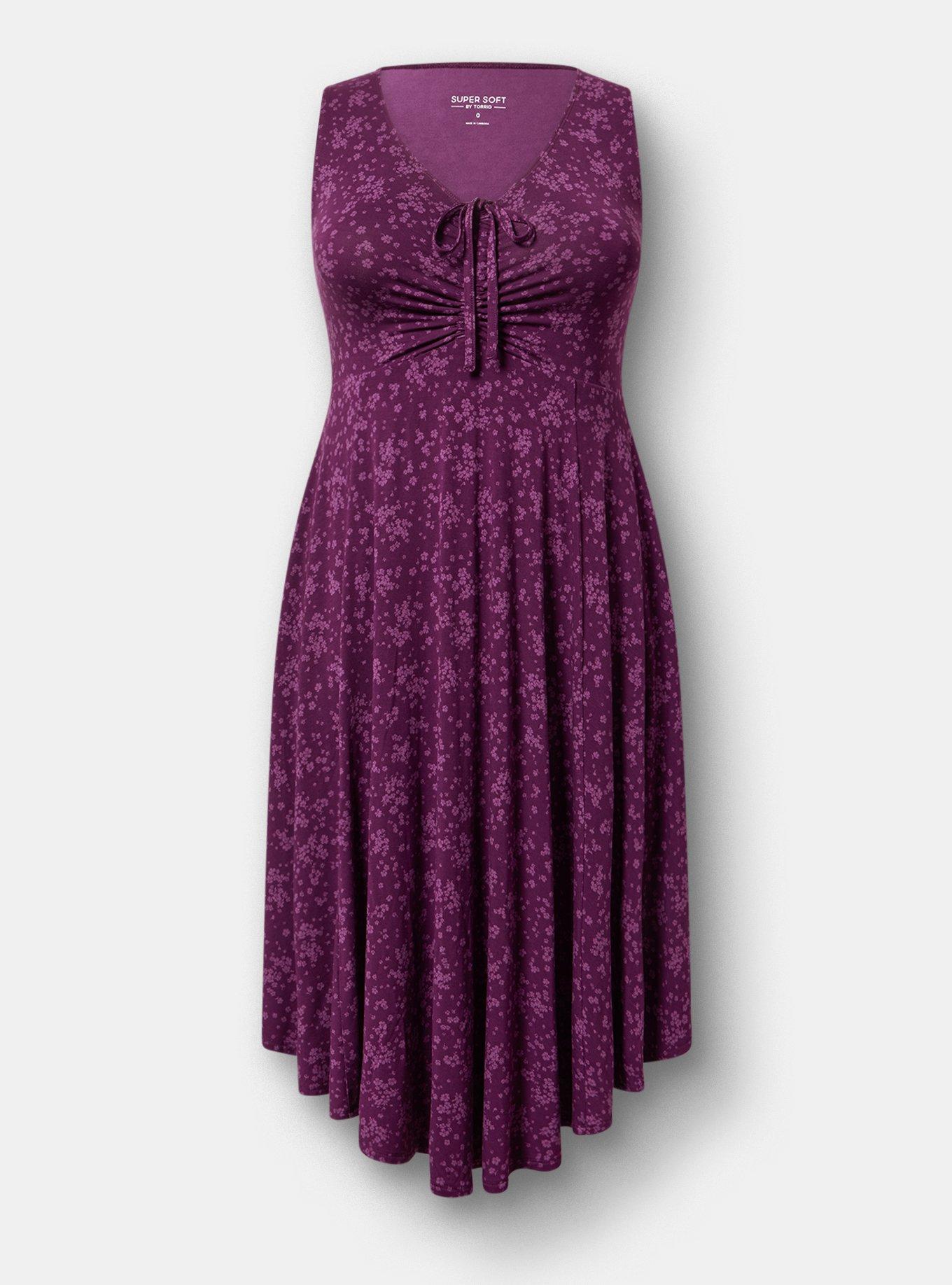 Shirred Front Super Soft Midi Dress, DUSTED DITSY FLORAL PLUM, flat