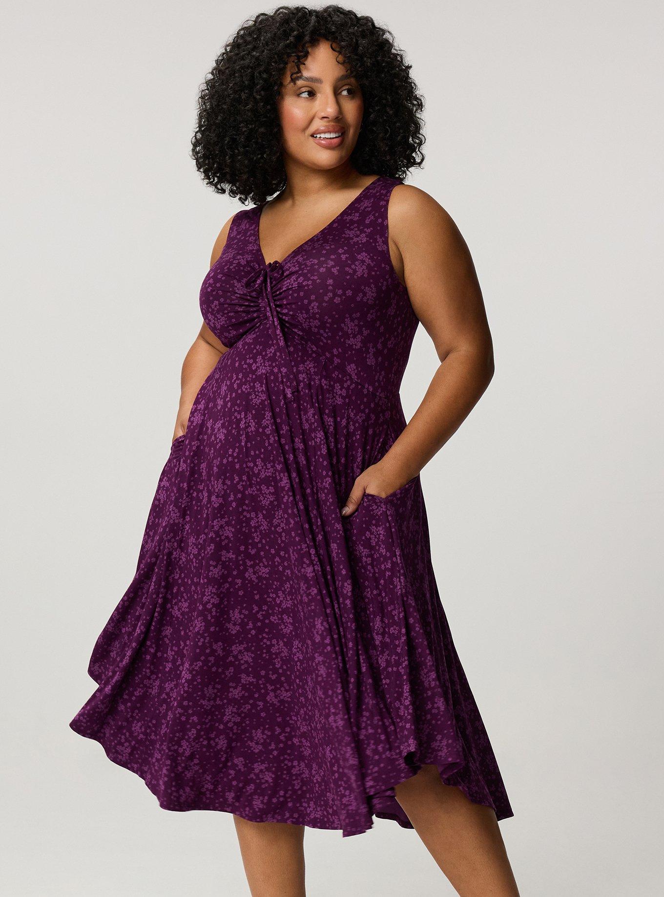 Shirred Front Super Soft Midi Dress, DUSTED DITSY FLORAL PLUM, hi-res