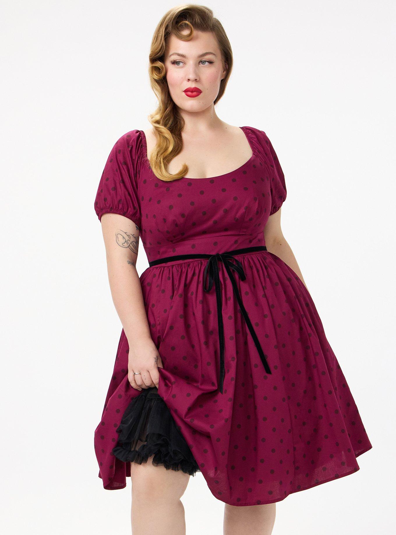 Retro Chic Belted Puff Sleeve Dress, DENNY DOT BURGUNDY, alternate