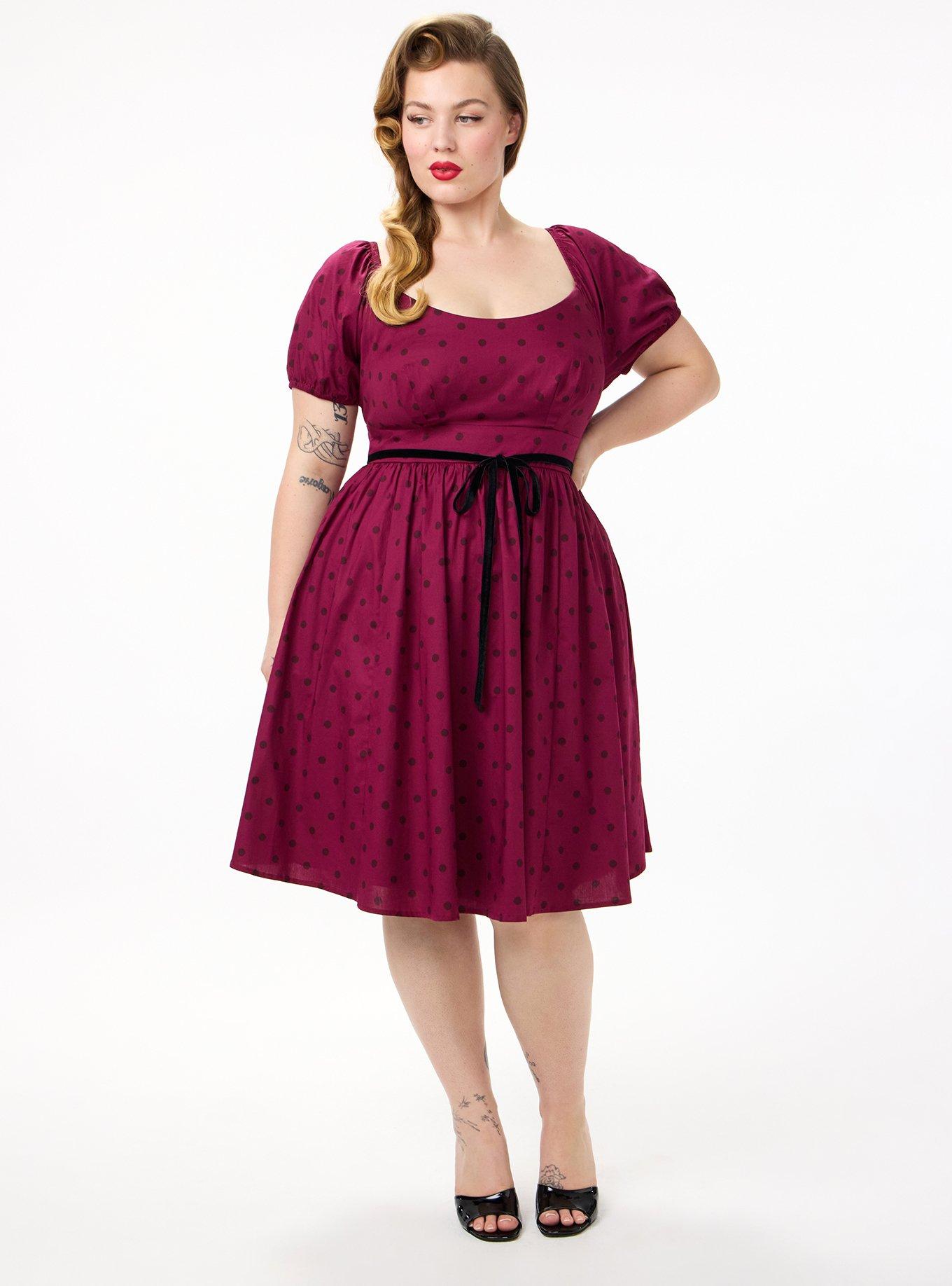 Retro Chic Belted Puff Sleeve Dress, DENNY DOT BURGUNDY, alternate