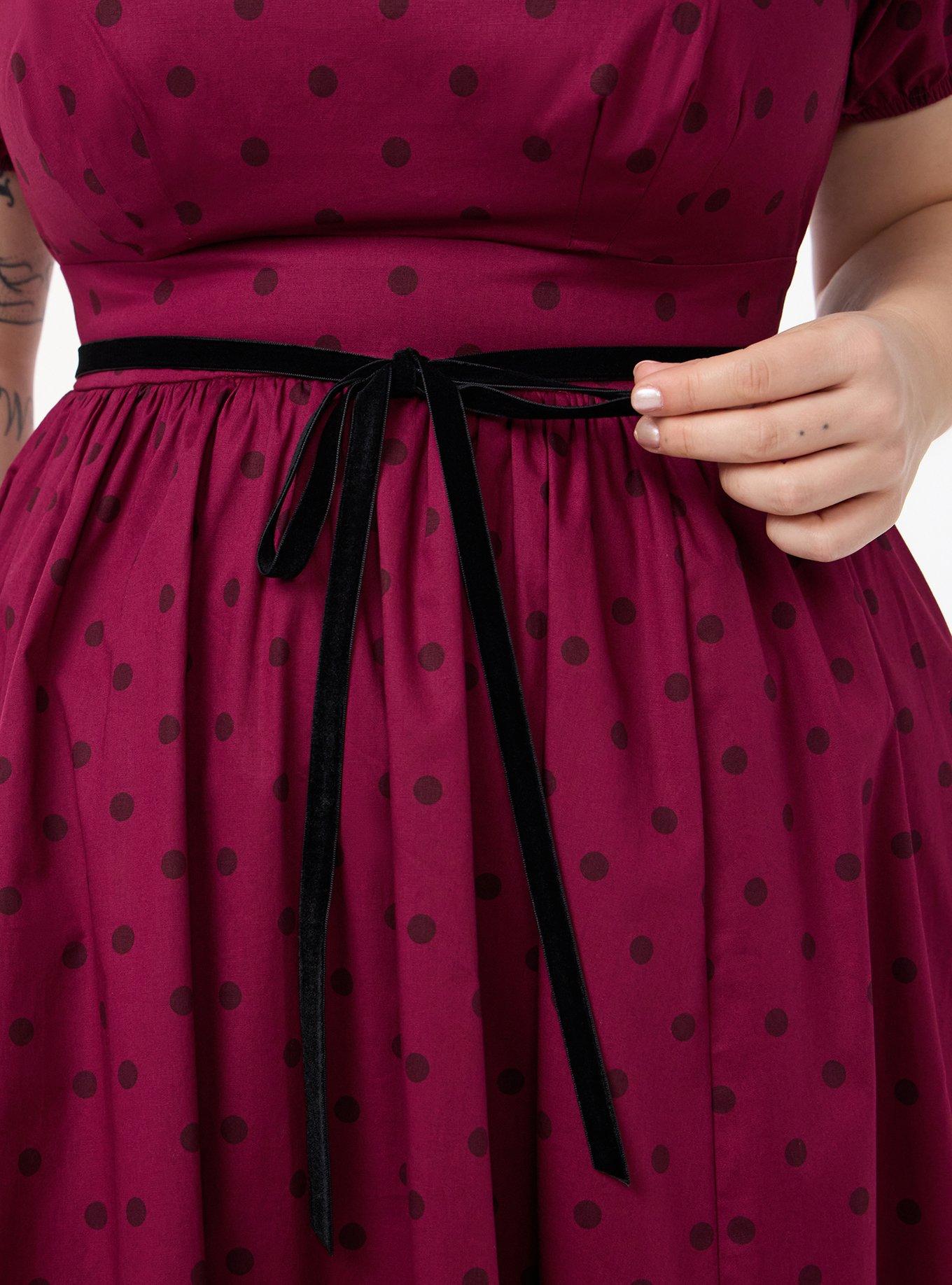 Retro Chic Belted Puff Sleeve Dress, DENNY DOT BURGUNDY, alternate