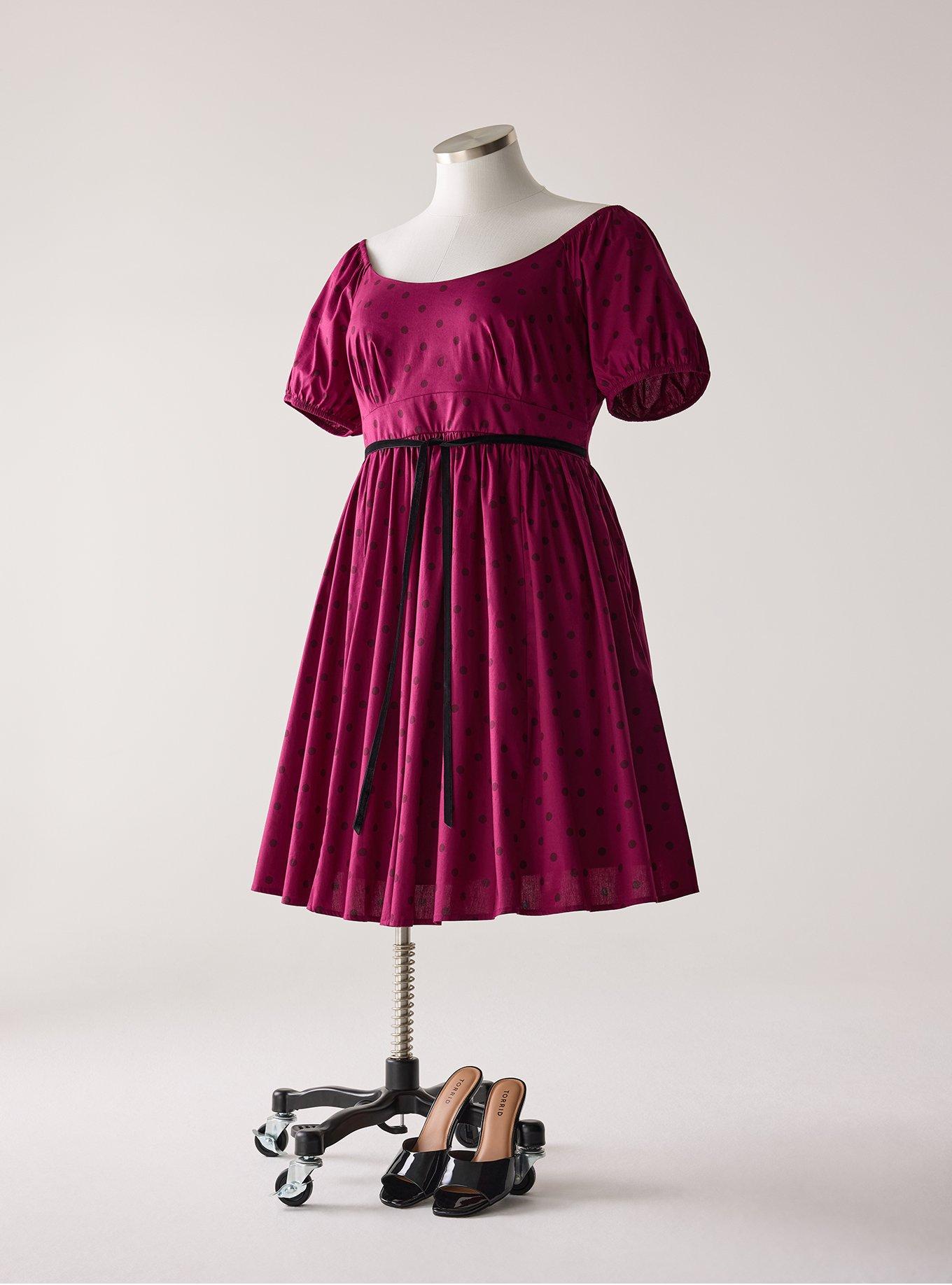 Retro Chic Belted Puff Sleeve Dress, DENNY DOT BURGUNDY, flat