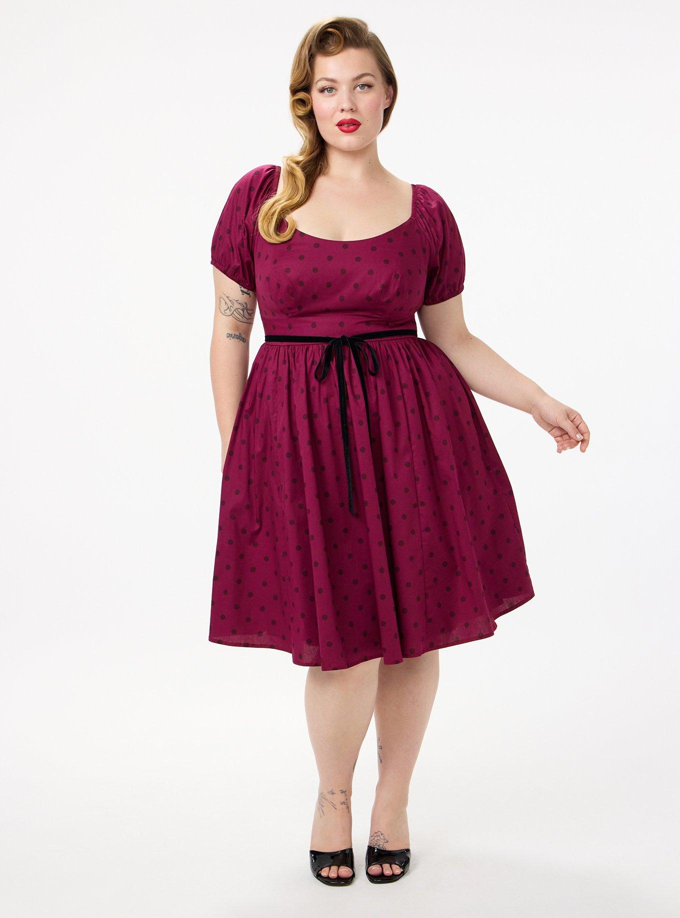 Retro Chic Belted Puff Sleeve Dress, DENNY DOT BURGUNDY, hi-res