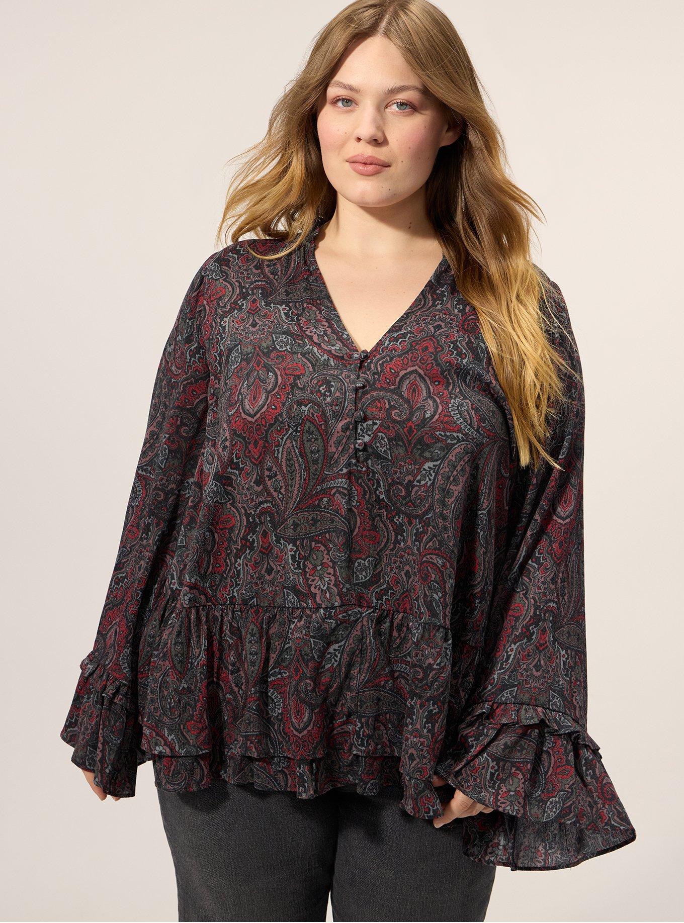 Festi Ruffle Neck Tiered Tunic Top, ORNATE DECORATION BURGUNDY DEEP BLACK, alternate