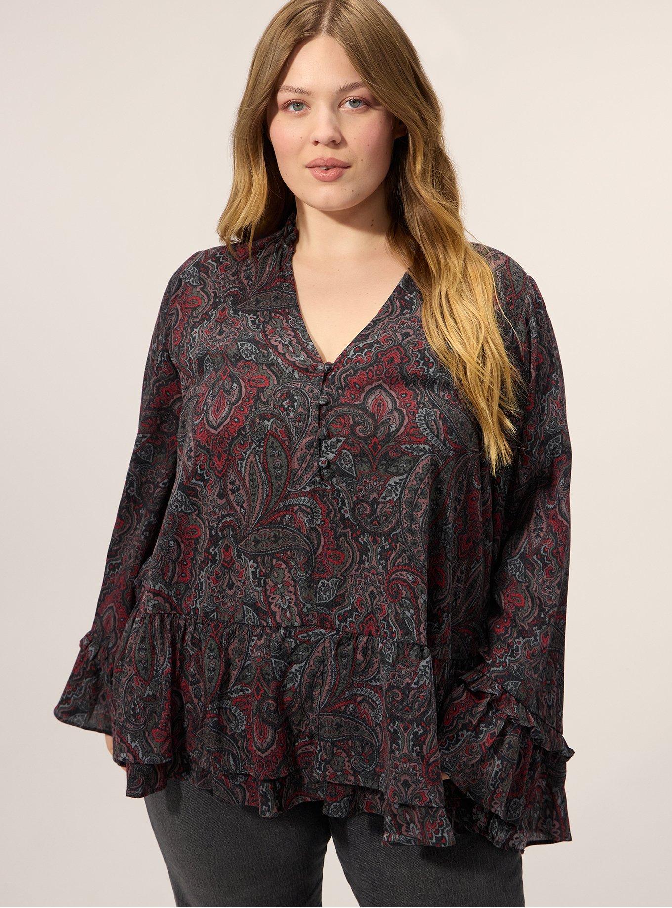 Festi Ruffle Neck Tiered Tunic Top, ORNATE DECORATION BURGUNDY DEEP BLACK, hi-res
