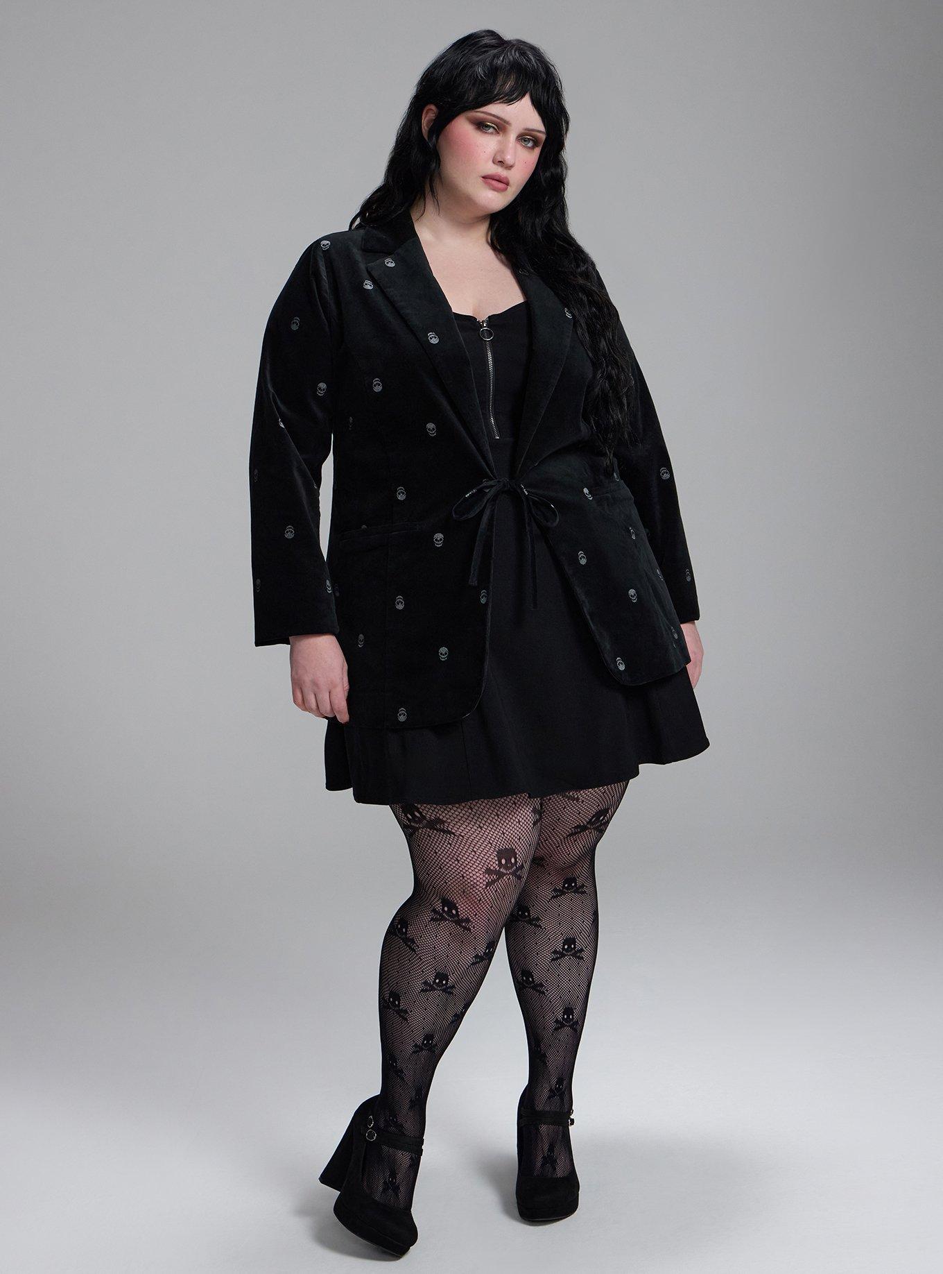 Plus Size Nightfall Embroidered Velour Blazer, MINI SKULLS DEEP BLACK, alternate