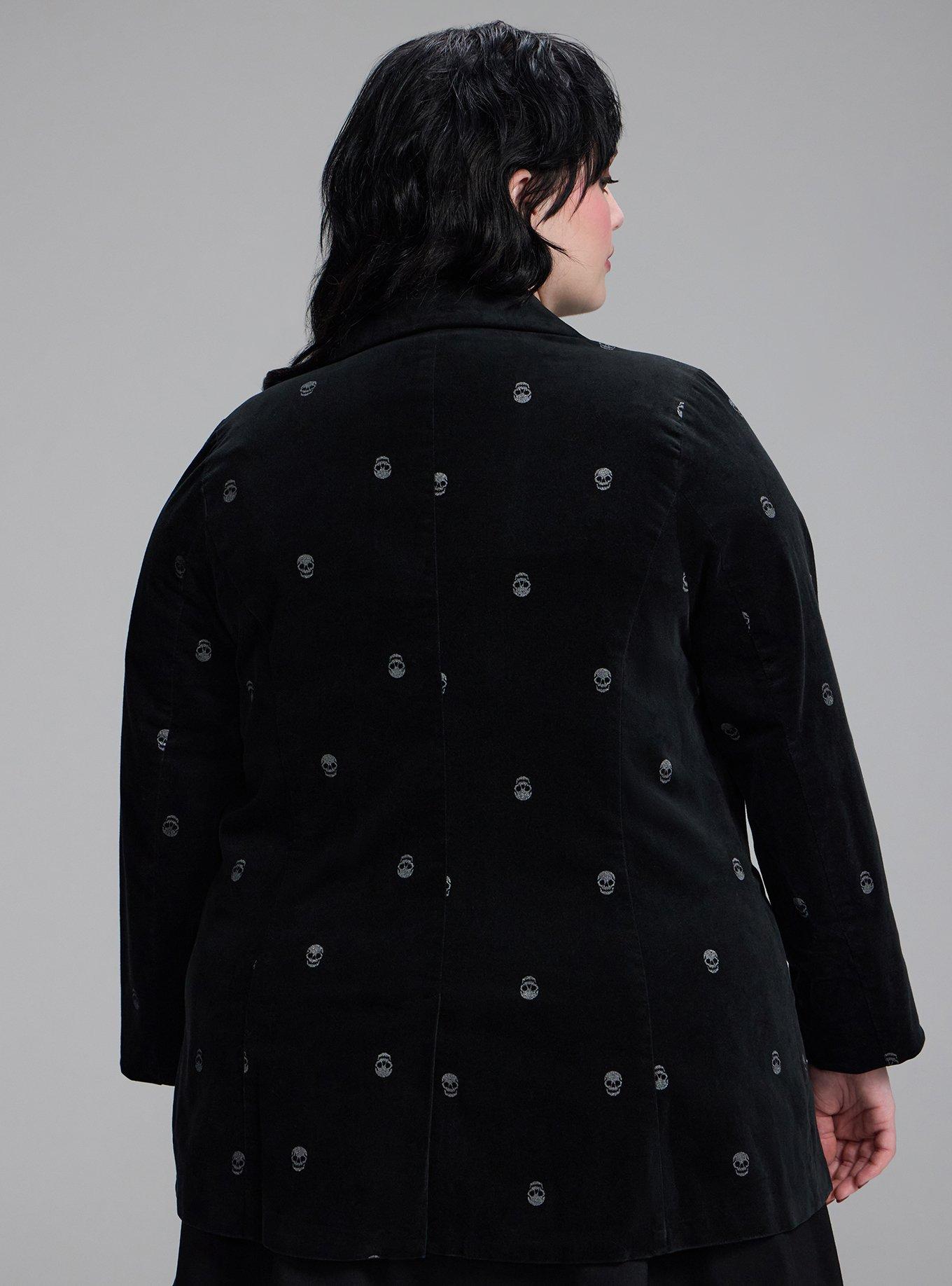 Plus Size Nightfall Embroidered Velour Blazer, MINI SKULLS DEEP BLACK, alternate