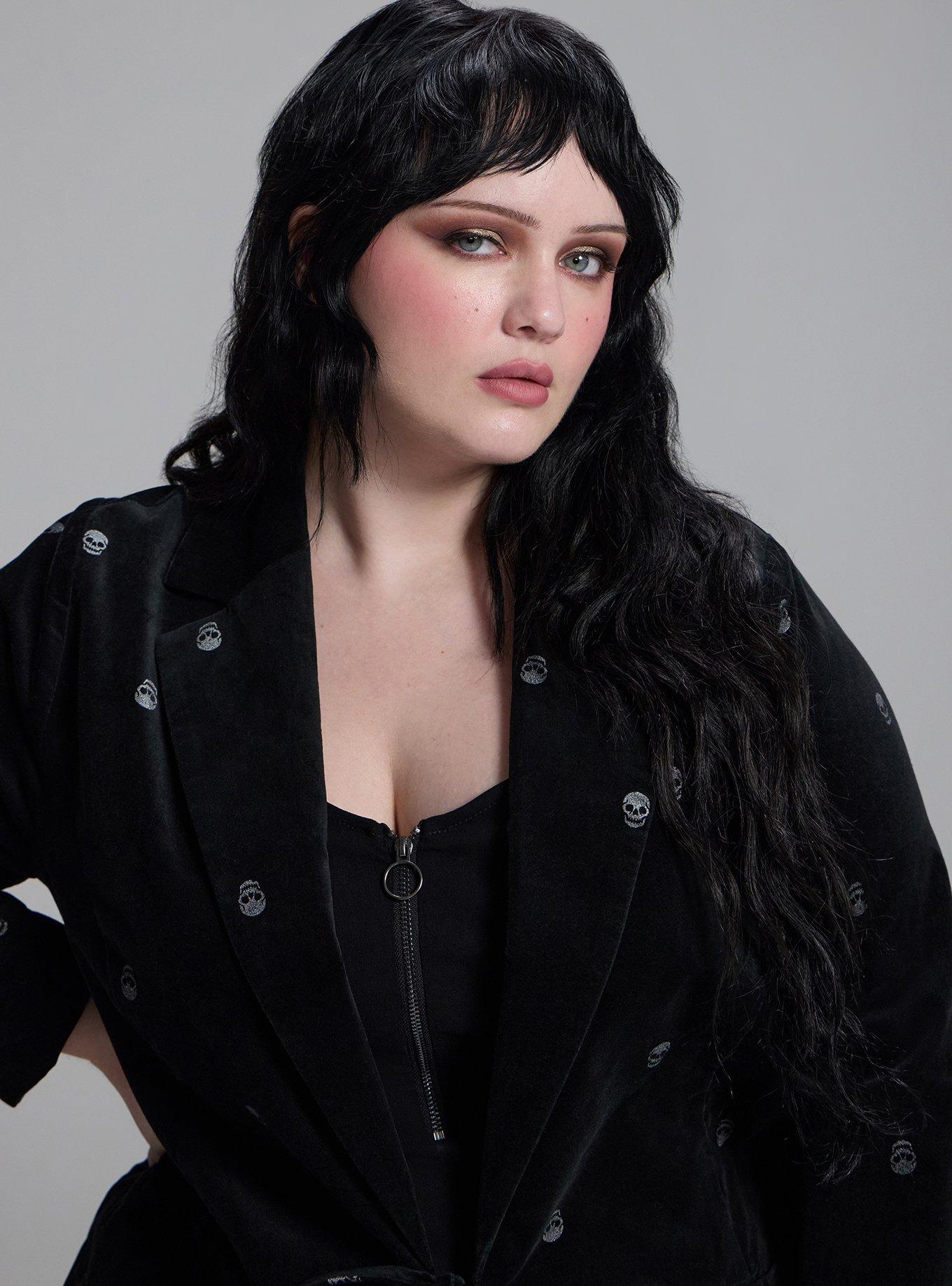 Plus Size Nightfall Embroidered Velour Blazer, MINI SKULLS DEEP BLACK, alternate