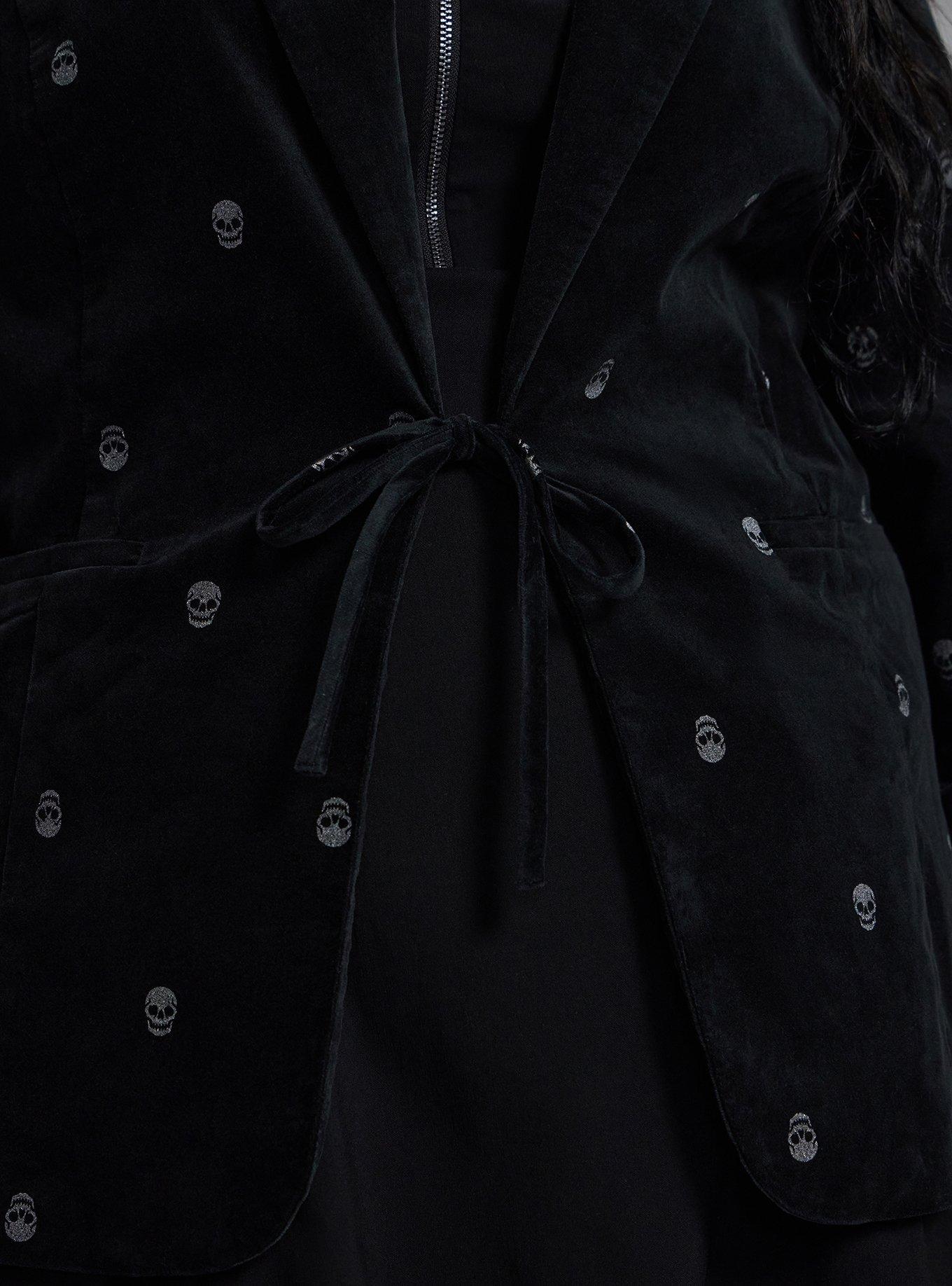 Plus Size Nightfall Embroidered Velour Blazer, MINI SKULLS DEEP BLACK, alternate