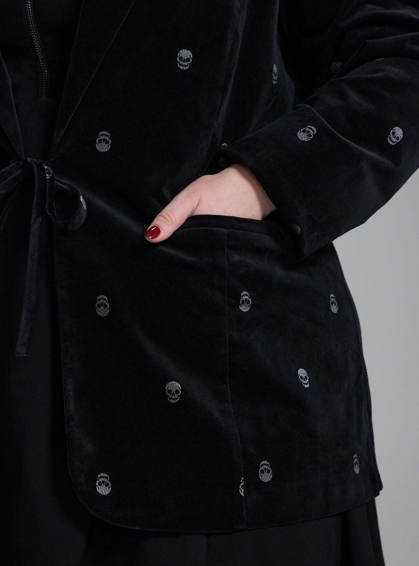 Plus Size Nightfall Embroidered Velour Blazer, MINI SKULLS DEEP BLACK, alternate